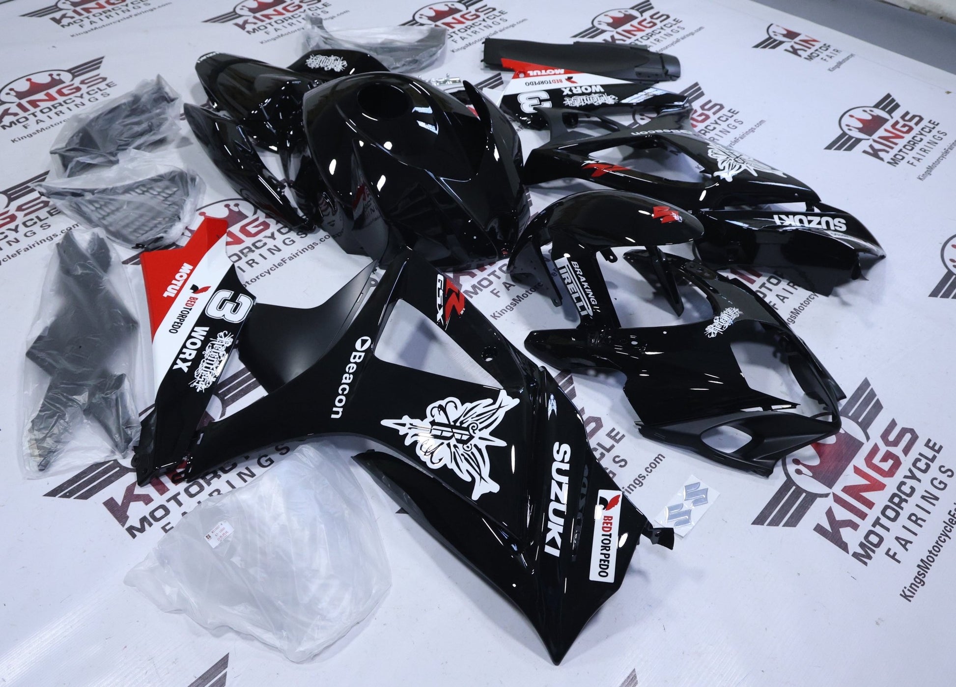 Suzuki GSXR1000 Fairings (2007-2008) Black, White, Red Worx from KingsMotorcycleFairings.com