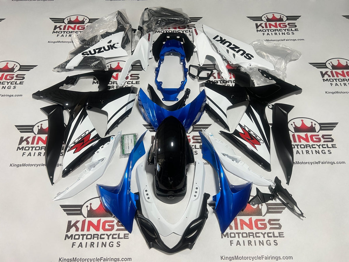 Suzuki GSXR1000 Fairings (2009-2016) White, Black Stripe, Blue at KingsMotorcycleFairings.com