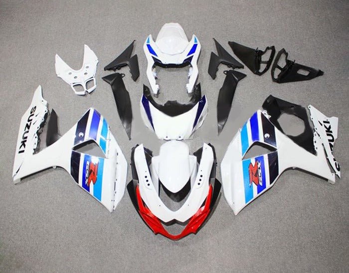 Suzuki GSXR 1000 Fairings (2009-2016) White, Triple Blue Stripe at KingsMotorcycleFairings.com