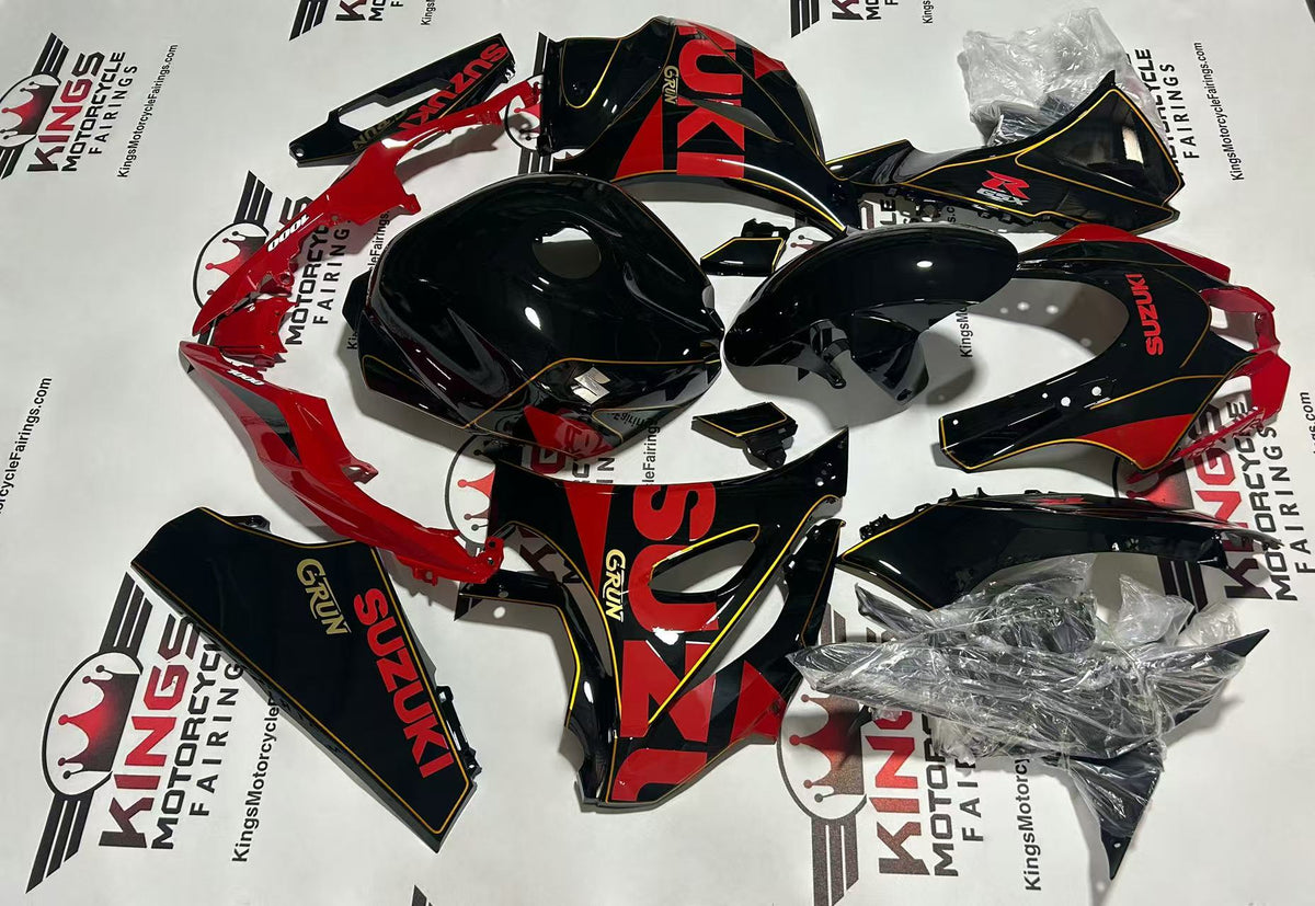 Suzuki GSXR1000 (2017-2025) Black, Red, Gold Pinstripe Fairings from KingsMotorcycleFairings.com