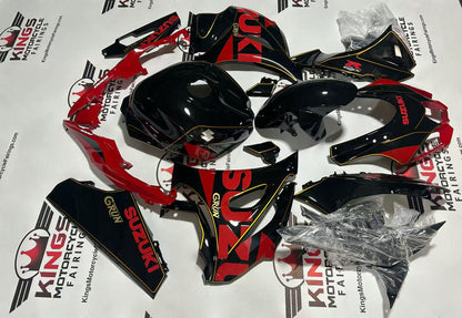 Suzuki GSXR1000 (2017-2025) Black, Red, Gold Pinstripe Fairings from KingsMotorcycleFairings.com