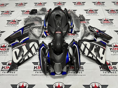 Suzuki GSXR1000 Fairings (2017-2025) Faux Carbon Fiber, Blue, White Stripe at KingsMotorcycleFairings.com