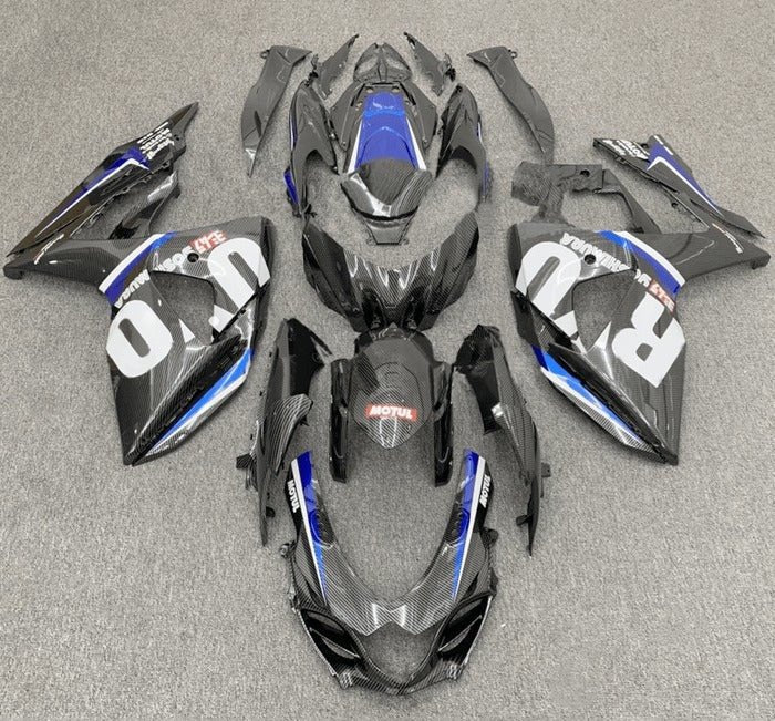 Suzuki GSXR1000 Fairings (2017-2025) Faux Carbon Fiber, White, Blue at KingsMotorcycleFairings.com