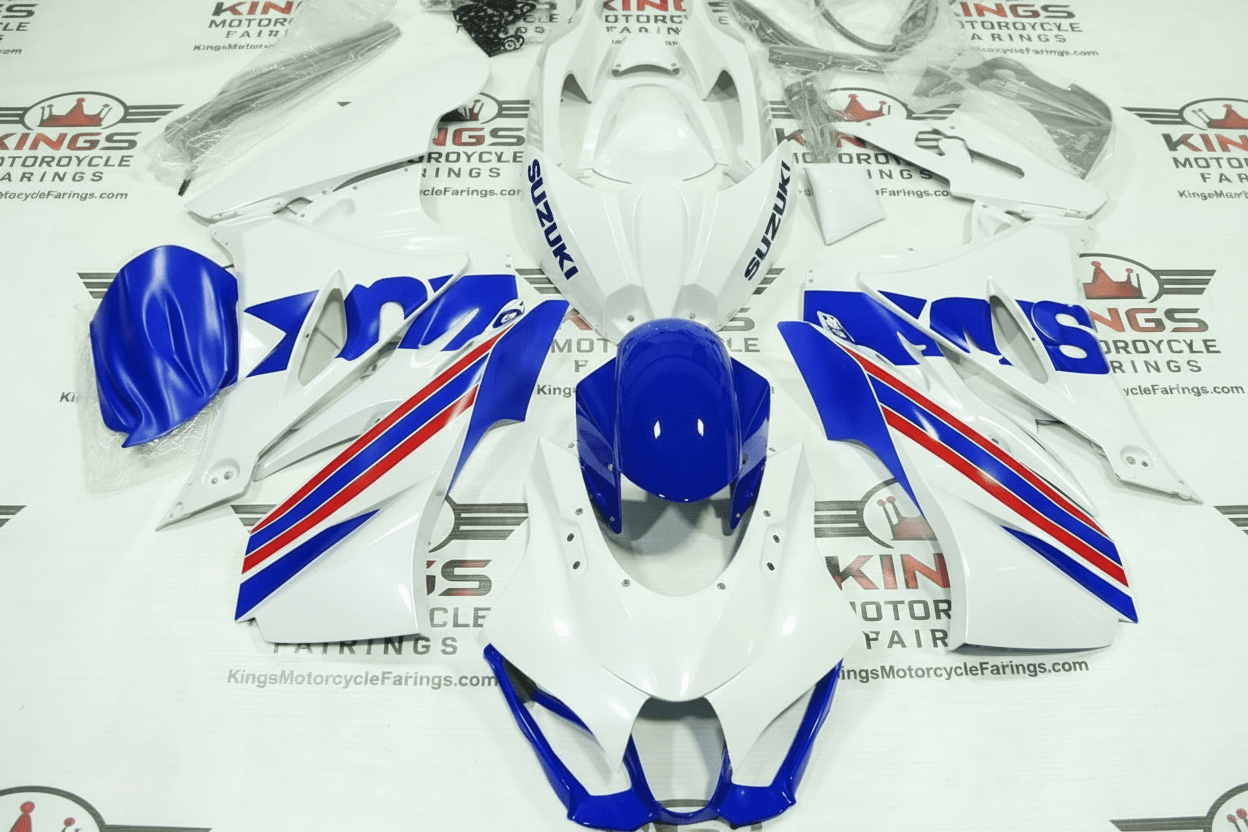 Suzuki GSXR1000 Fairings (2017-2025) White, Blue, Red from KingsMotorcycleFairings.com