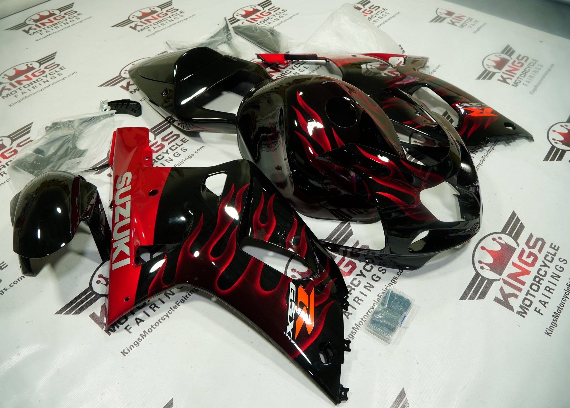 Suzuki GSXR600 Fairing Kit (2000-2003) Black, Candy Apple Red Flame at KingsMotorcycleFairings.com