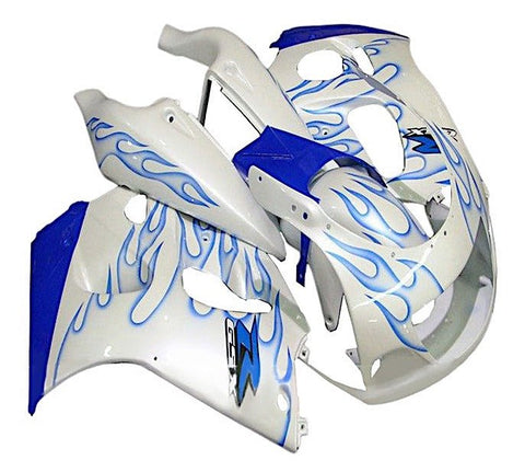 Suzuki GSXR600 Fairings (1996-1999) White, Blue Flames at KingsMotorcycleFairings.com