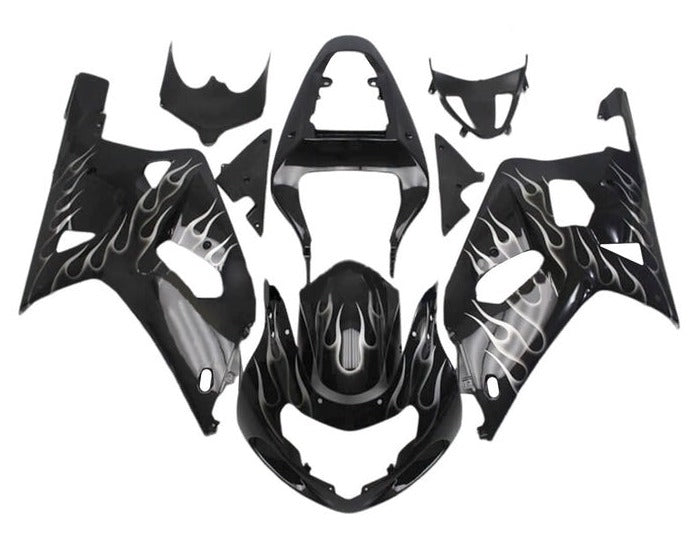 Suzuki GSXR 600 Fairings (2000-2003) Black, White Flames from KingsMotorcycleFairings.com