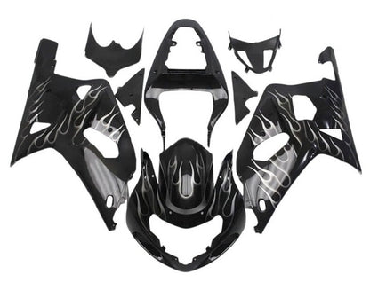 Suzuki GSXR 600 Fairings (2000-2003) Black, White Flames from KingsMotorcycleFairings.com