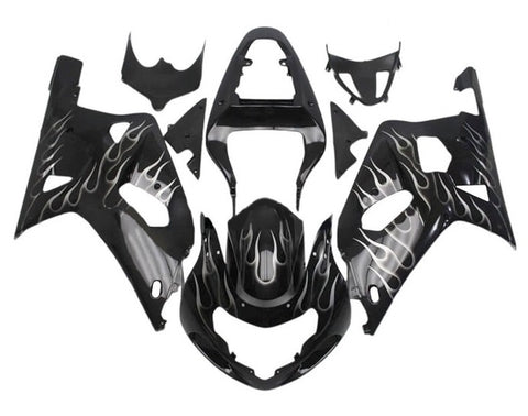 Suzuki GSXR600 Fairings (2000-2003) Black, White Flames at KingsMotorcycleFairings.com
