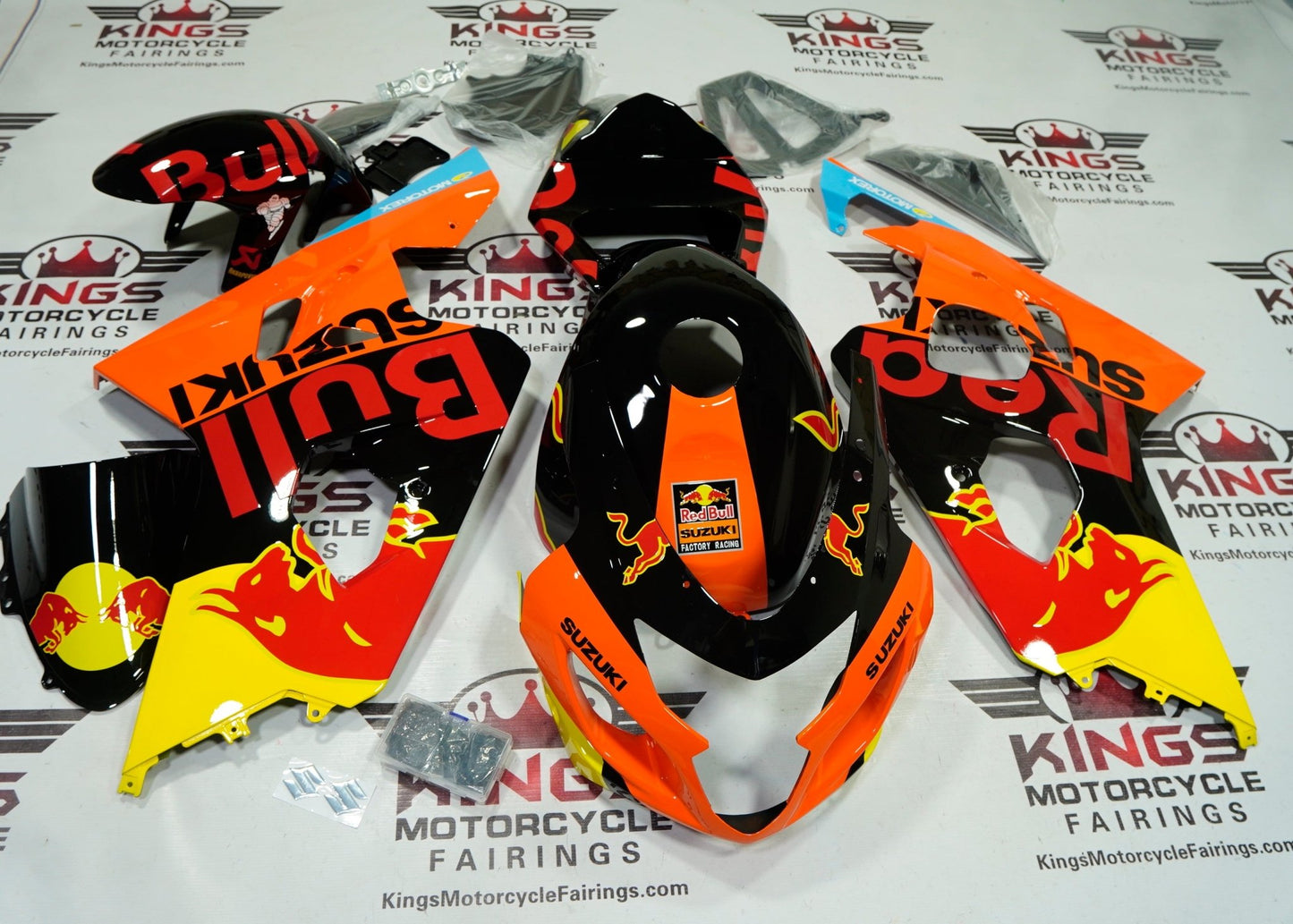 Suzuki GSXR 600 Fairings (2004-2005) Black, Orange, Red Bull at KingsMotorcycleFairings.com