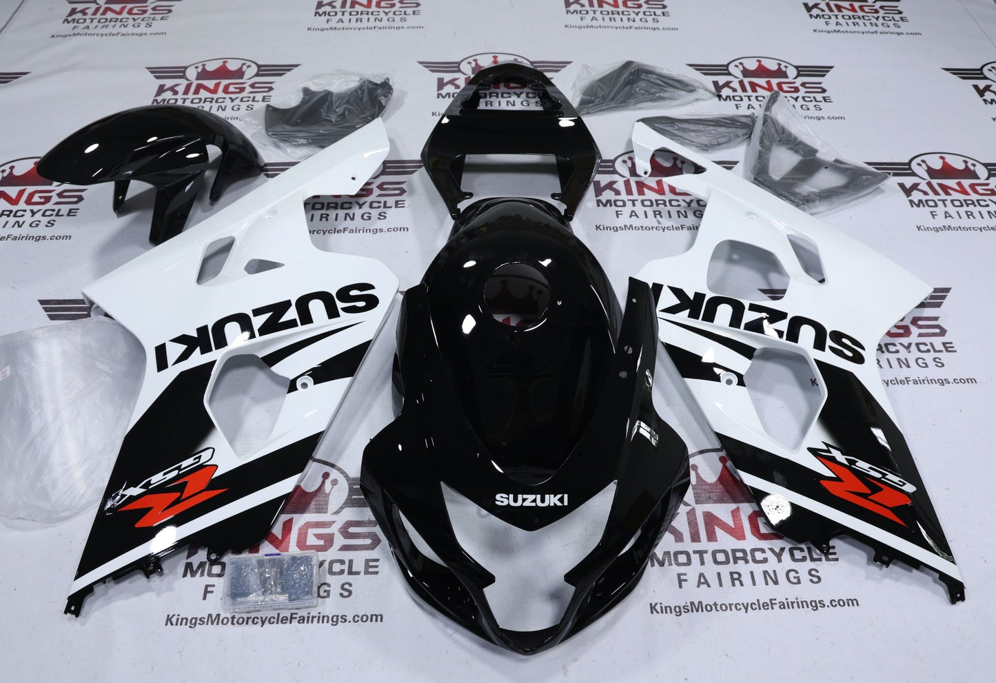 Suzuki GSXR600 Fairings (2004-2005) Black, White, Red from KingsMotorcycleFairings.com