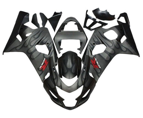 Suzuki GSXR600 Fairings (2004-2005) Matte Gray, Black Flames at KingsMotorcycleFairings.com