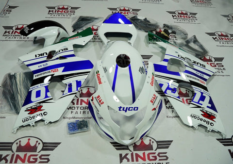 Suzuki GSXR 600 Fairings (2004-2005) White, Blue, Black & Green Tyco Stripes at KingsMotorcycleFairings.com