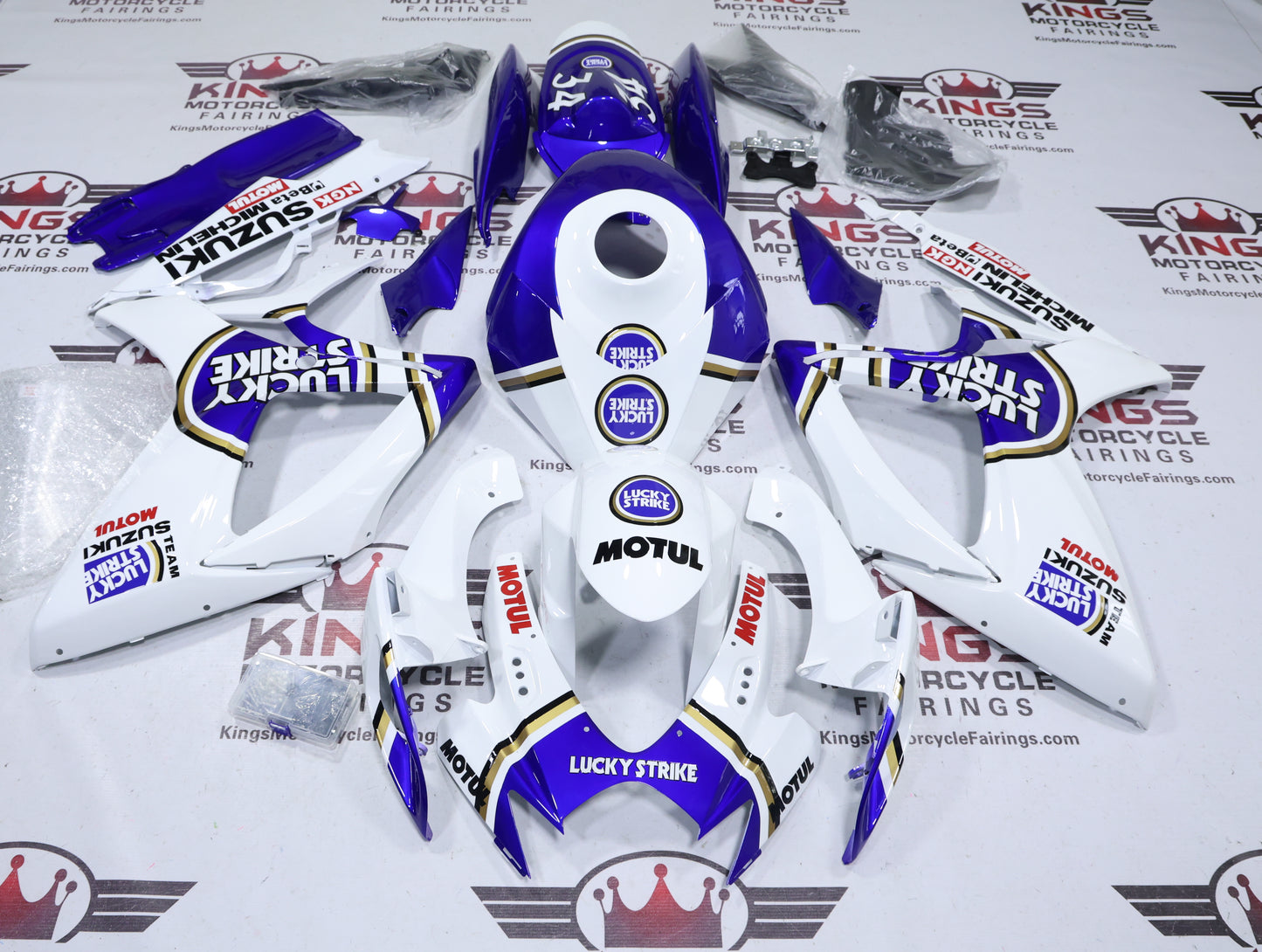 Suzuki GSXR600 Fairings (2006-2007) Lucky Strike White, Blue at KingsMotorcycleFairings.com