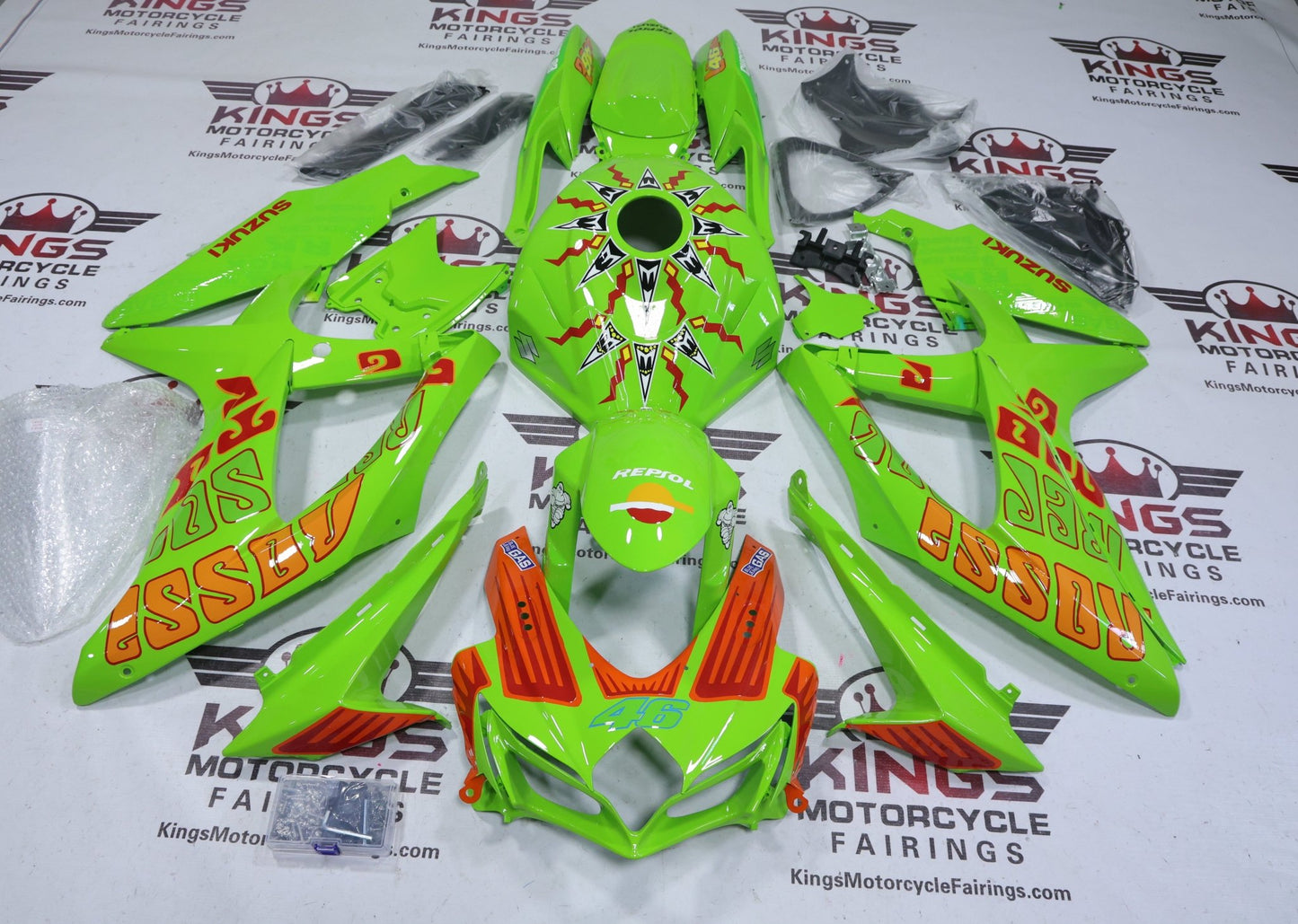 Suzuki GSXR600 Fairings (2008-2010) Rossi Green, Orange at KingsMotorcycleFairings.com