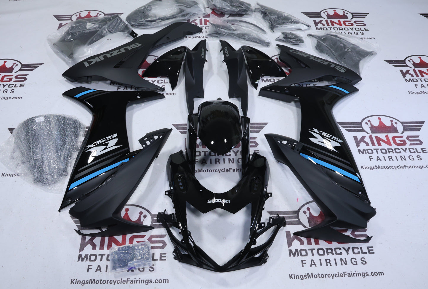 Suzuki GSXR600 Fairings (2011-2024) Black, Matte Black, Blue Stripe at KingsMotorcycleFairings.com