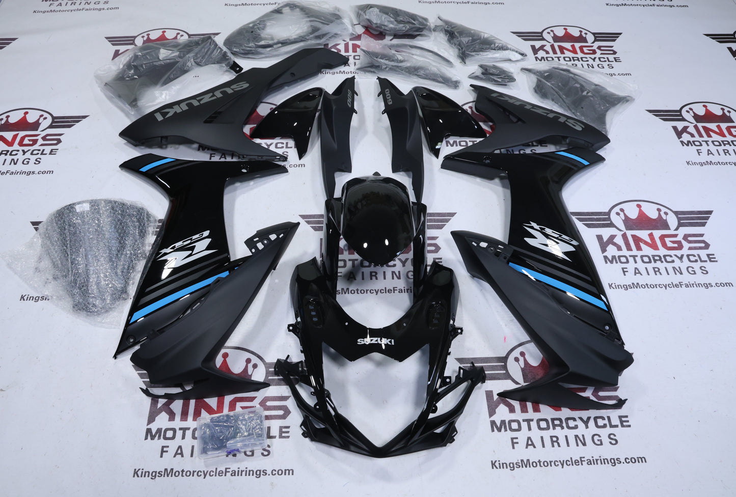 Suzuki GSXR600 Fairings (2011-2024) Black, Matte Black, Blue Stripe at KingsMotorcycleFairings.com