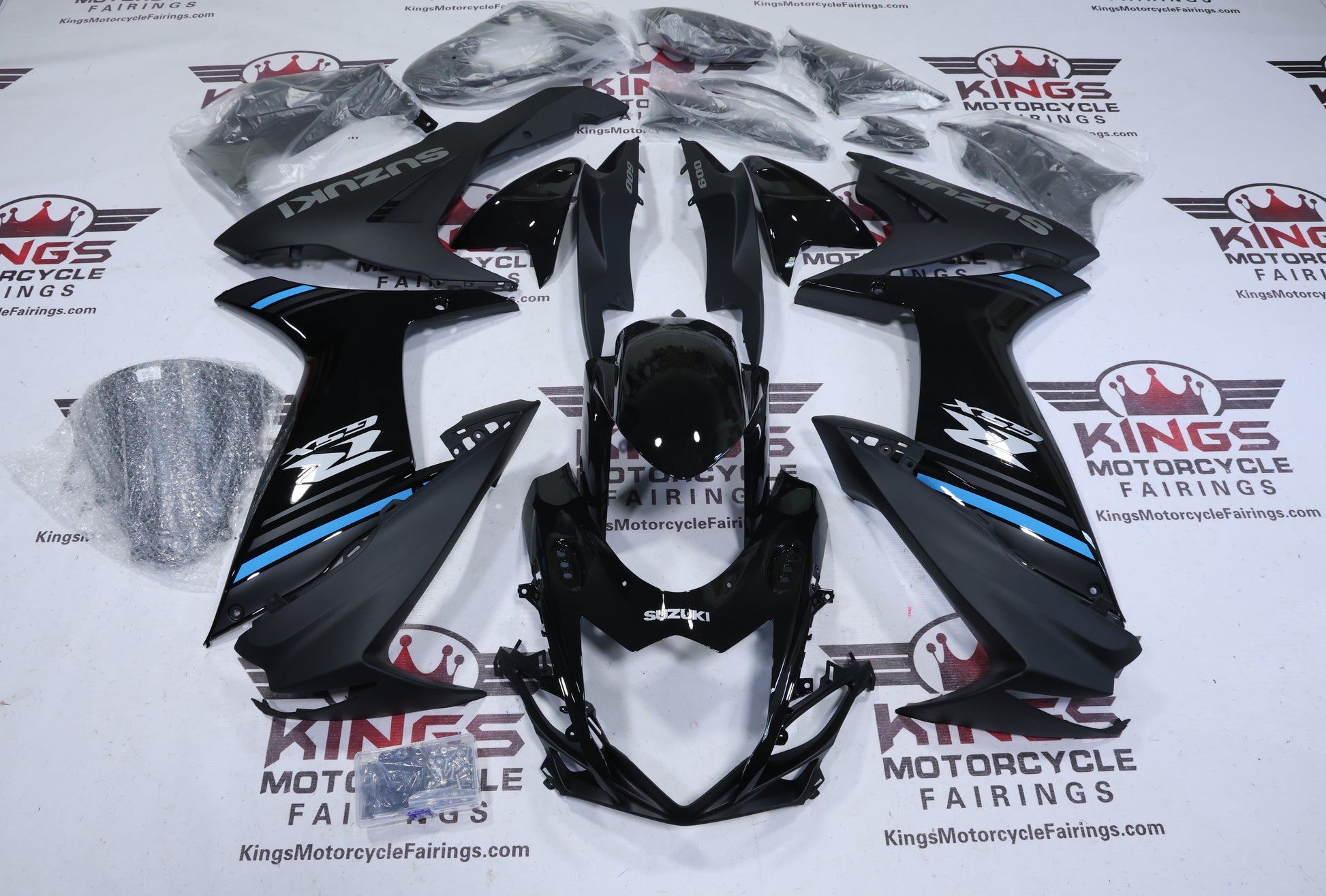 Suzuki GSXR600 Fairings (2011-2024) Black, Matte Black, Blue Stripe at KingsMotorcycleFairings.com