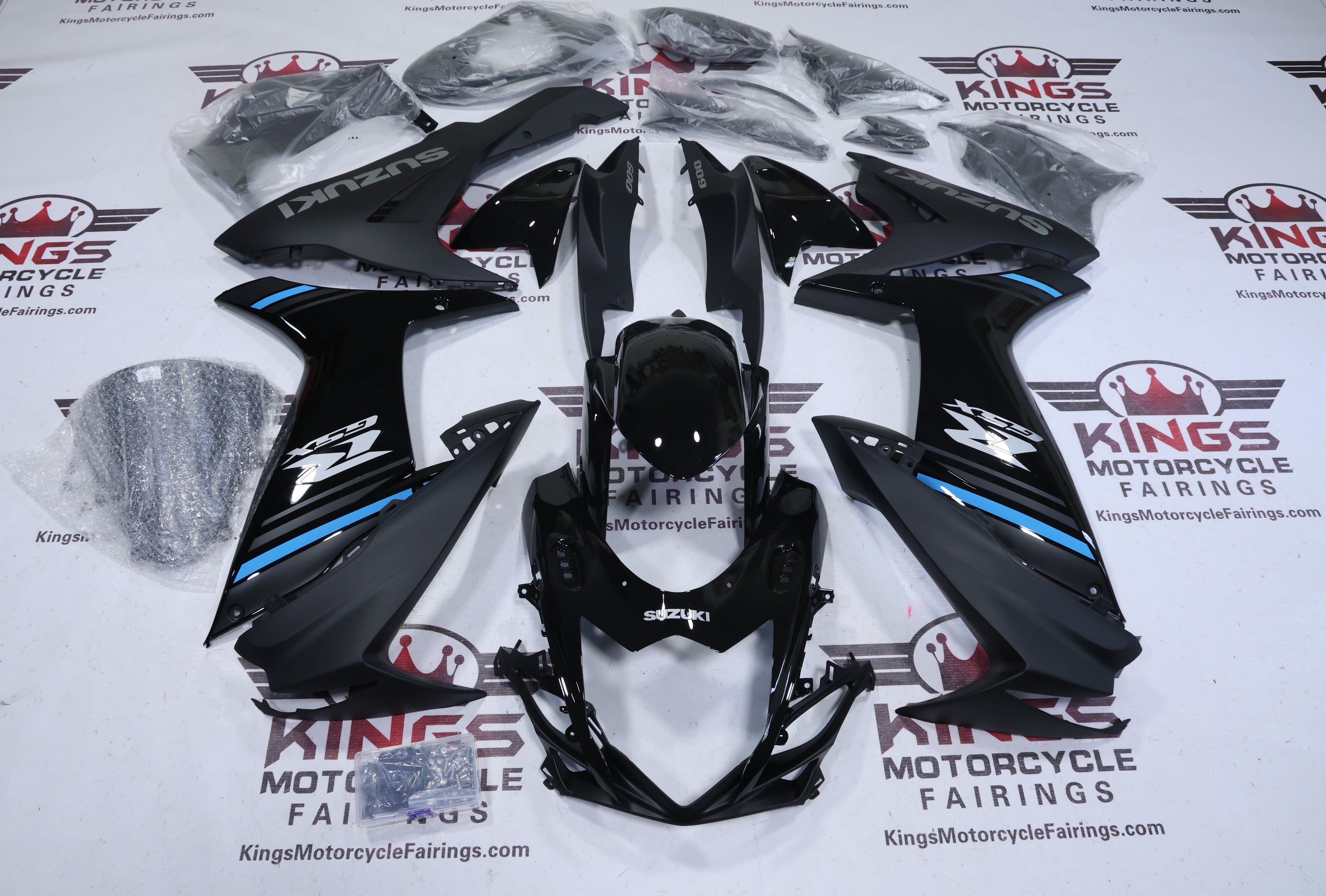 Suzuki GSXR600 Fairings (2011-2024) Black, Matte Black, Blue Stripe at KingsMotorcycleFairings.com