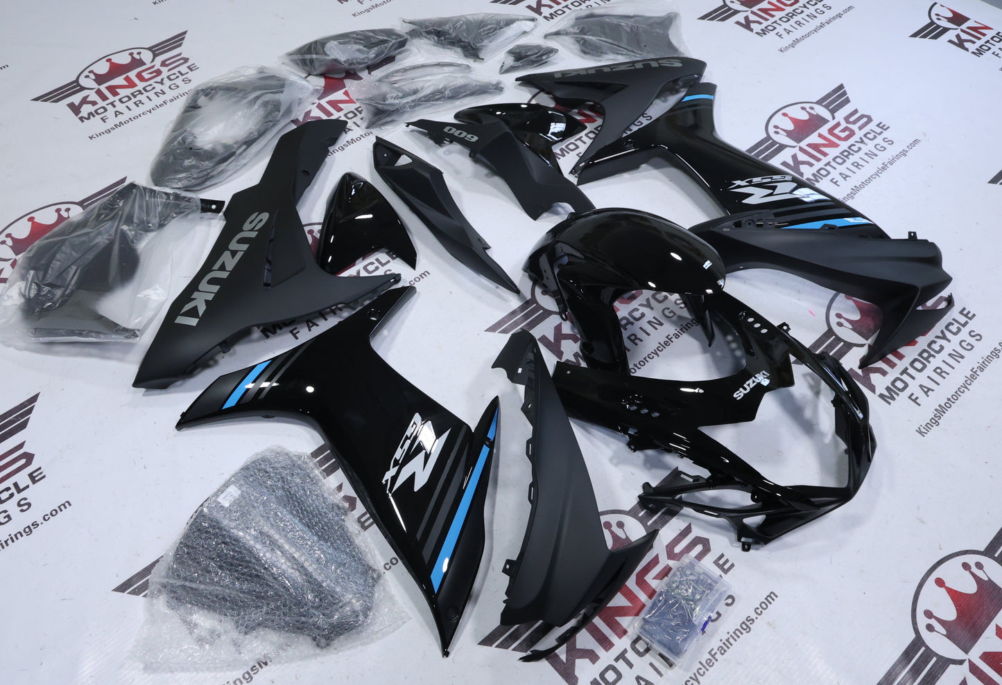 Suzuki GSXR600 Fairings (2011-2024) Black, Matte Black, Blue Stripe from KingsMotorcycleFairings.com