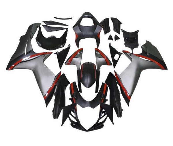 Suzuki GSXR 600 Fairings (2011-2024) Matte Black, Silver, Red Stripe at KingsMotorcycleFairings.com