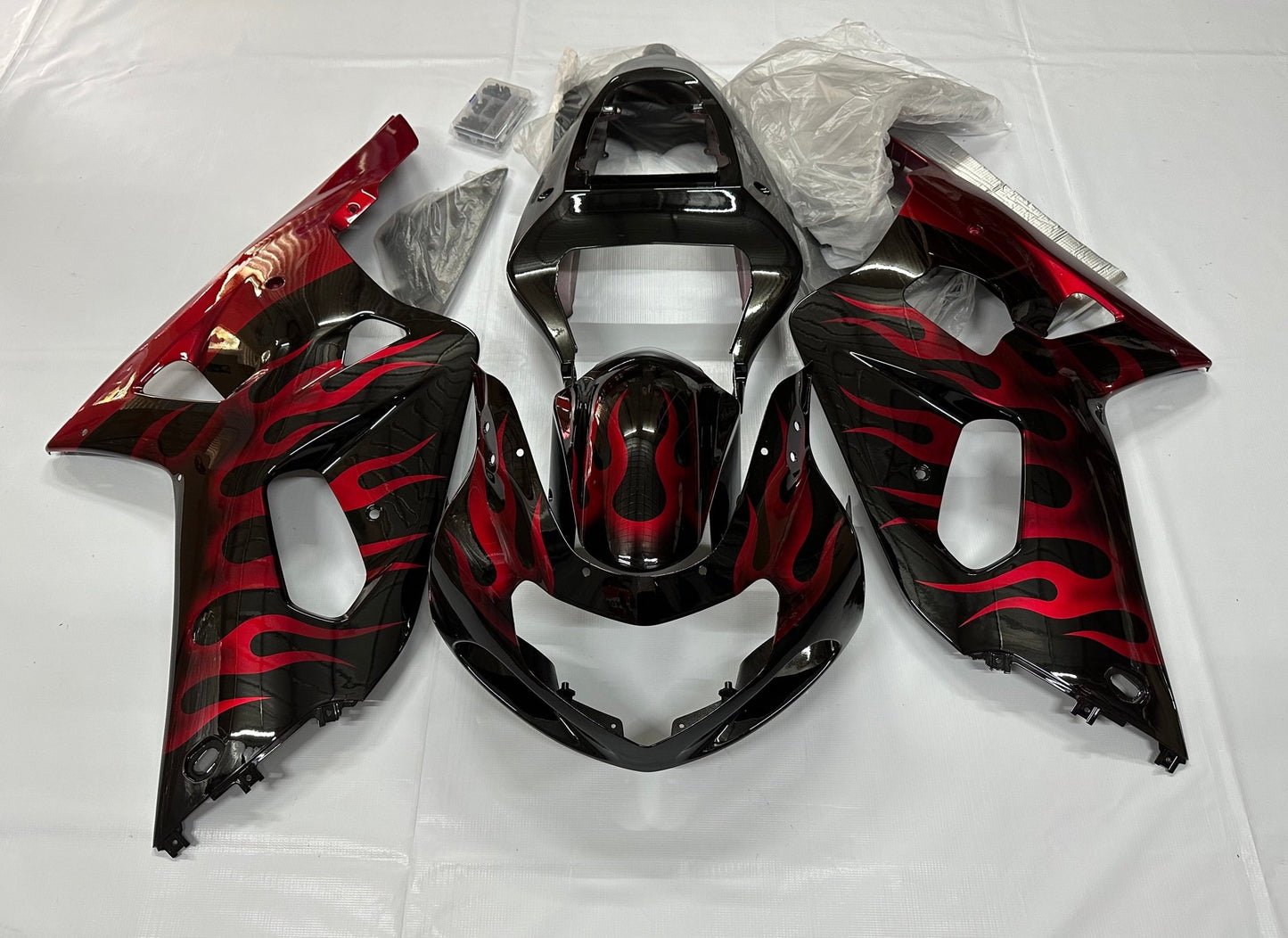 Suzuki GSXR600 (2000-2003) Black & Red Flame Fairings at KingsMotorcycleFairings.com