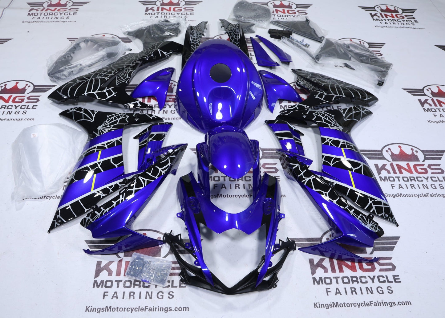 Suzuki GSXR750 Fairing Set (2025-2026) Blue, Black, Silver Spider Web at KingsMotorcycleFairings.com