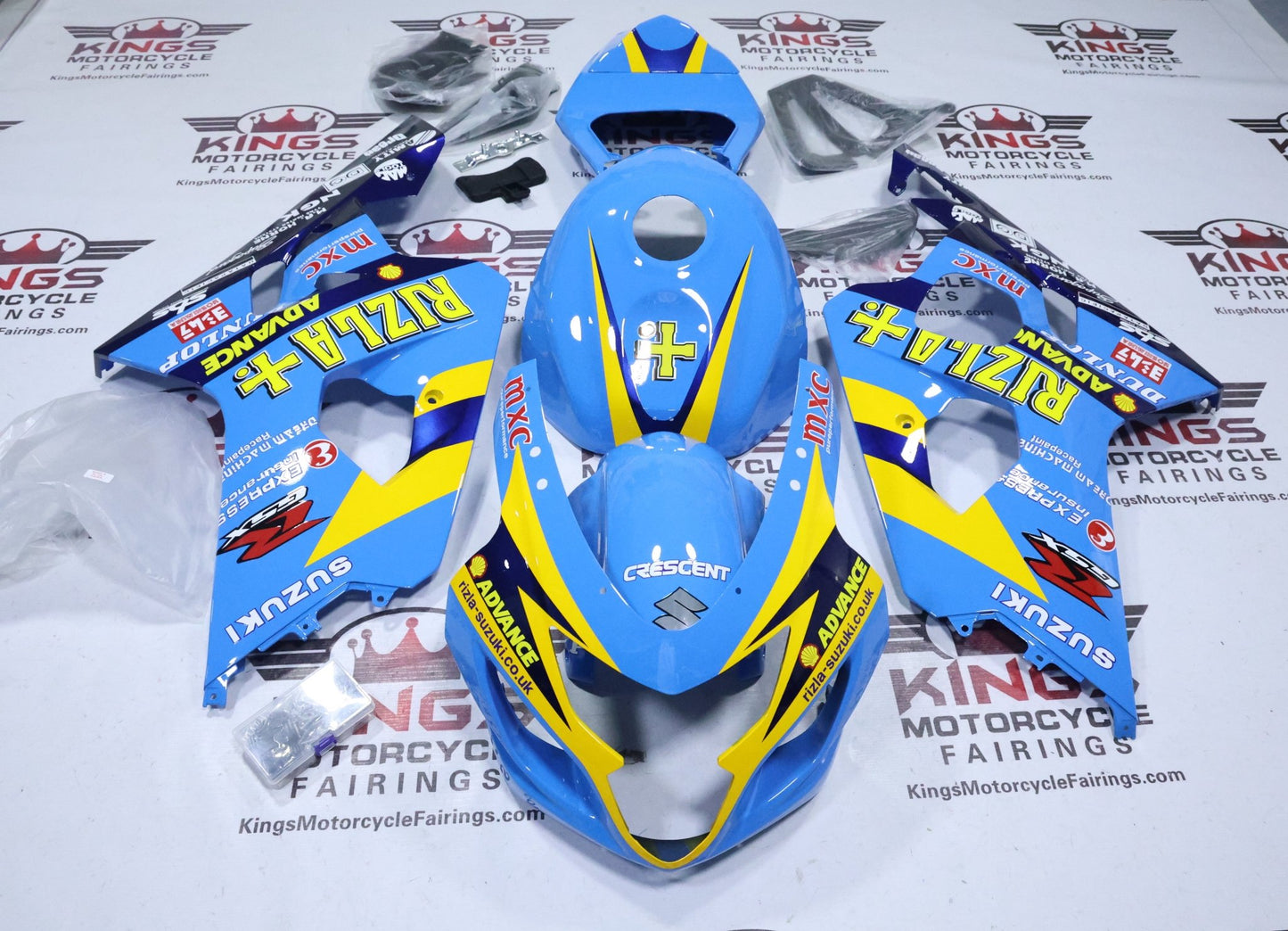 Suzuki GSXR750 Fairings (2004-2005) Light Blue, Yellow, Navy Blue Rizla at KingsMotorcycleFairings.com