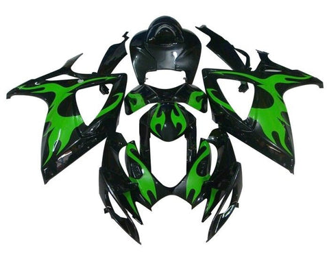 Suzuki GSXR 750 Fairings (2006-2007) Black, Green, Tribal Flames at KingsMotorcycleFairings.com