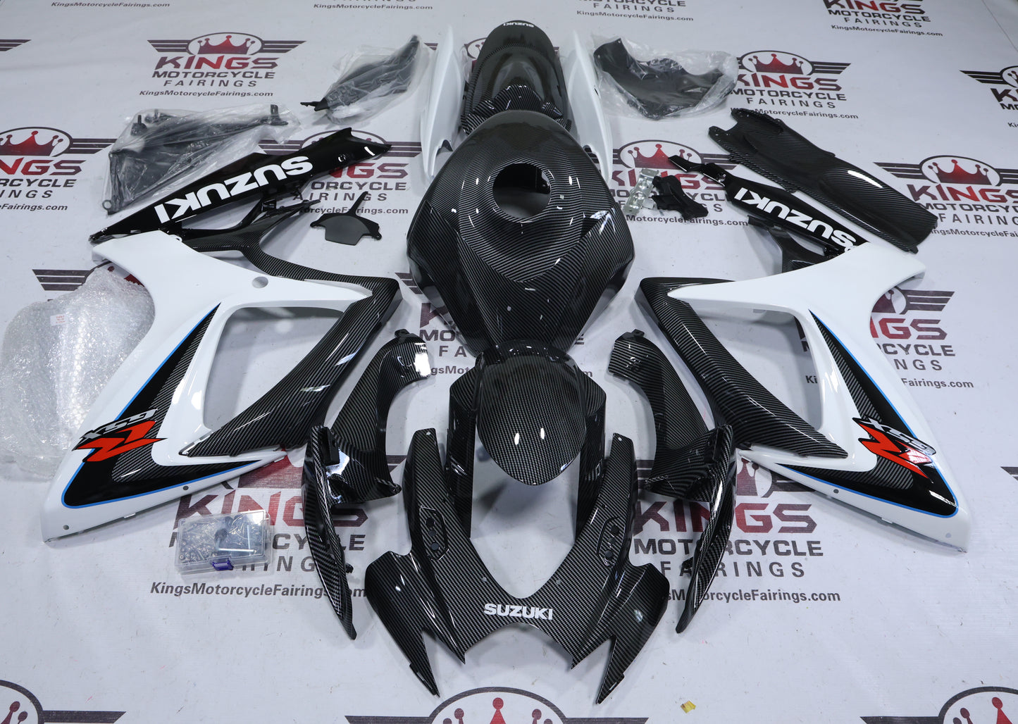 Suzuki GSXR750 Fairings (2006-2007) Faux Carbon Fiber, White, Black from KingsMotorcycleFairings.com