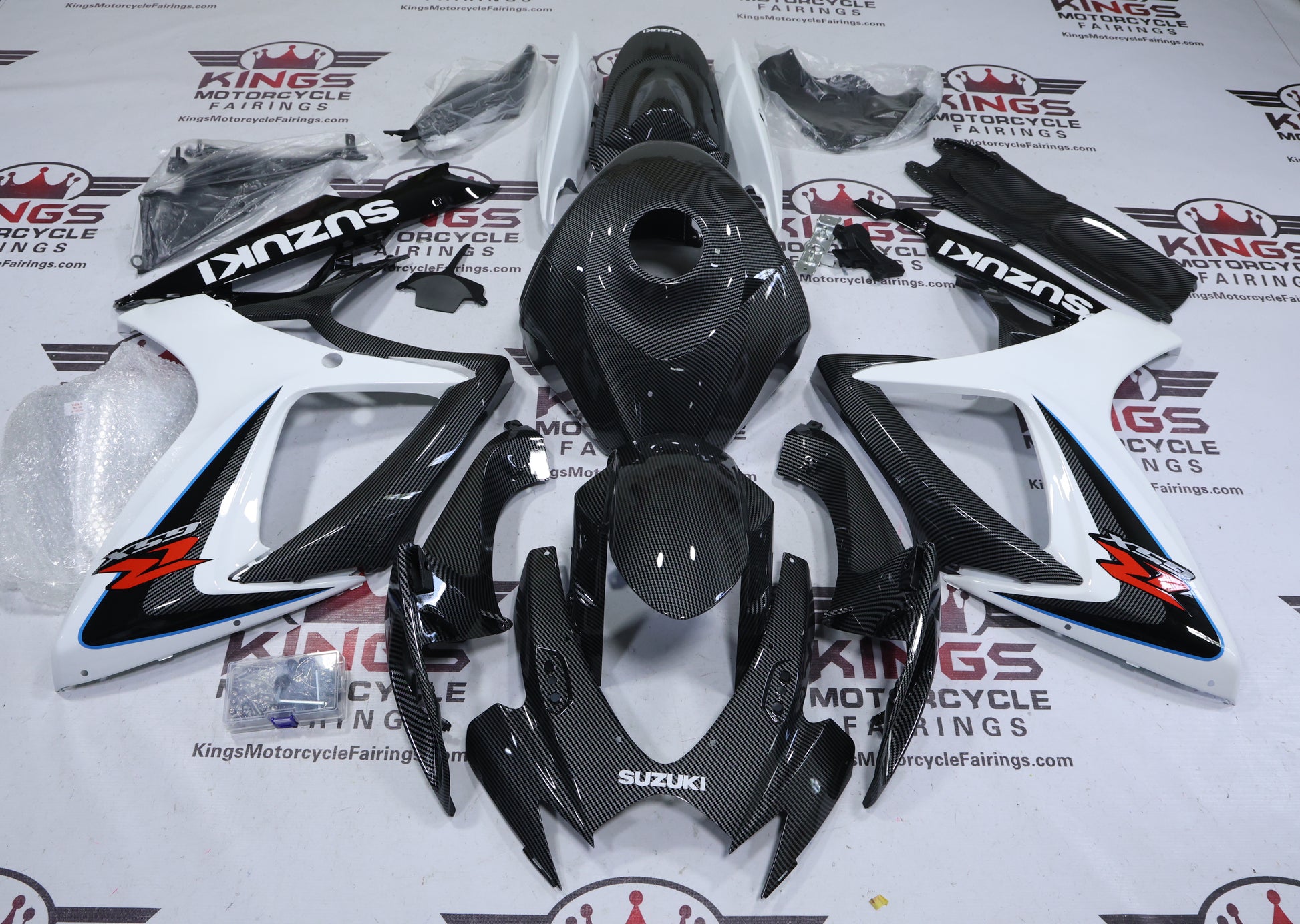 Suzuki GSXR750 Fairings (2006-2007) Faux Carbon Fiber, White, Black from KingsMotorcycleFairings.com