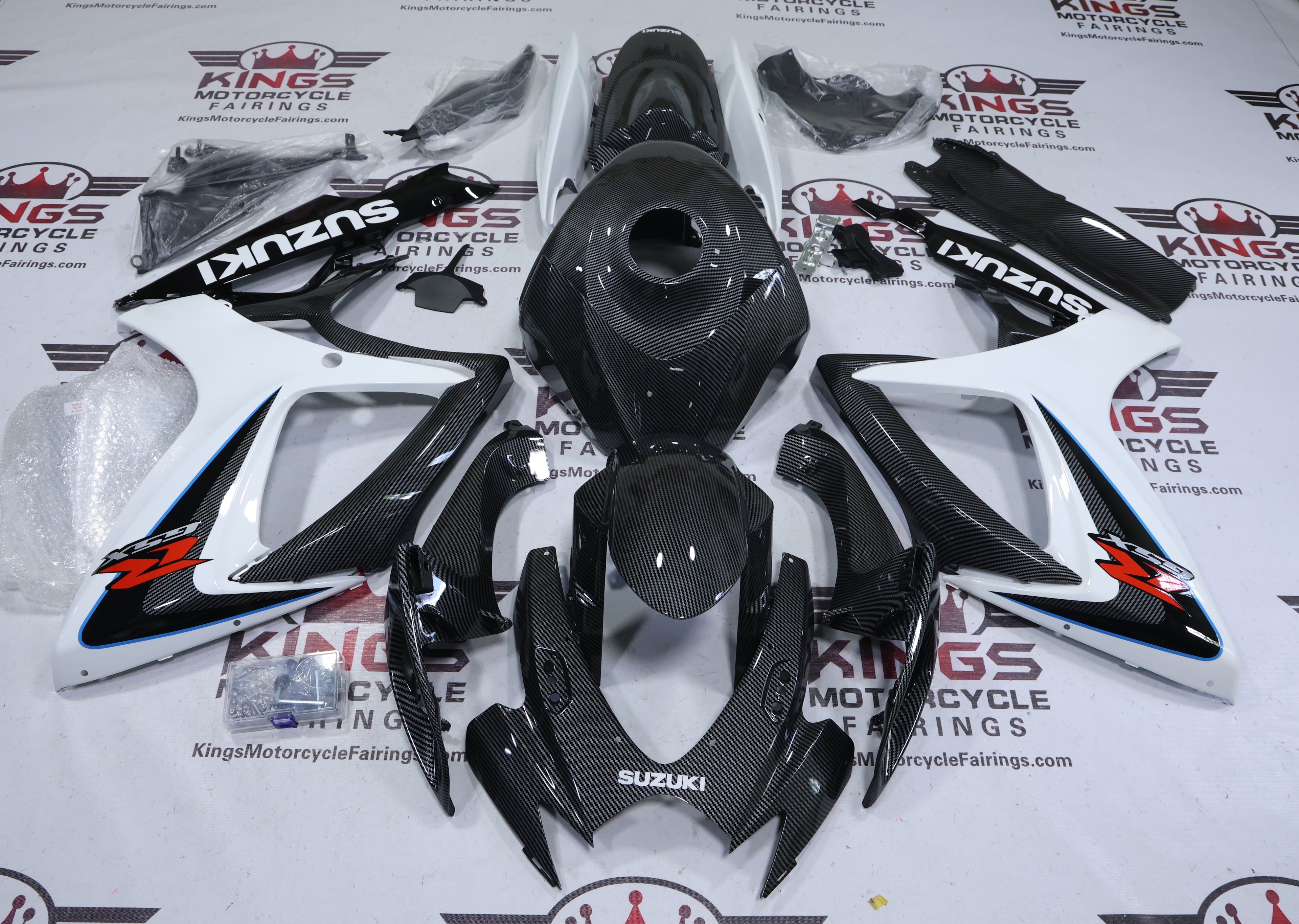 Suzuki GSXR750 Fairings (2006-2007) Faux Carbon Fiber, White, Black from KingsMotorcycleFairings.com