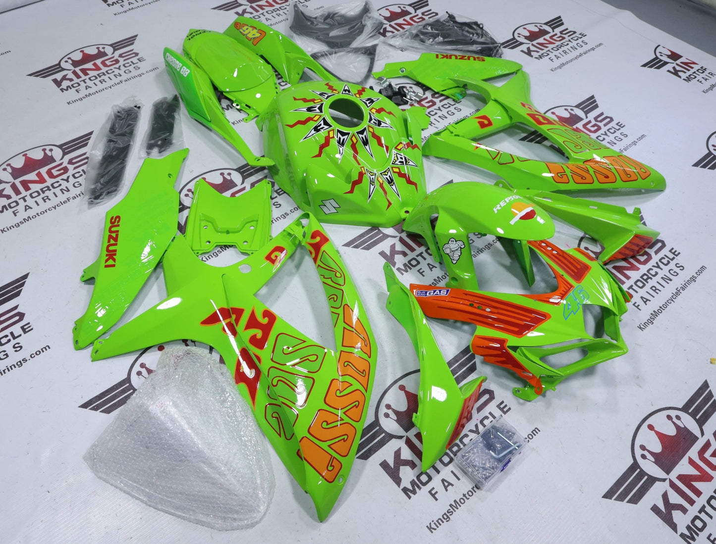 Suzuki GSXR750 Fairings (2008-2010) Rossi Green, Orange from KingsMotorcycleFairings.com