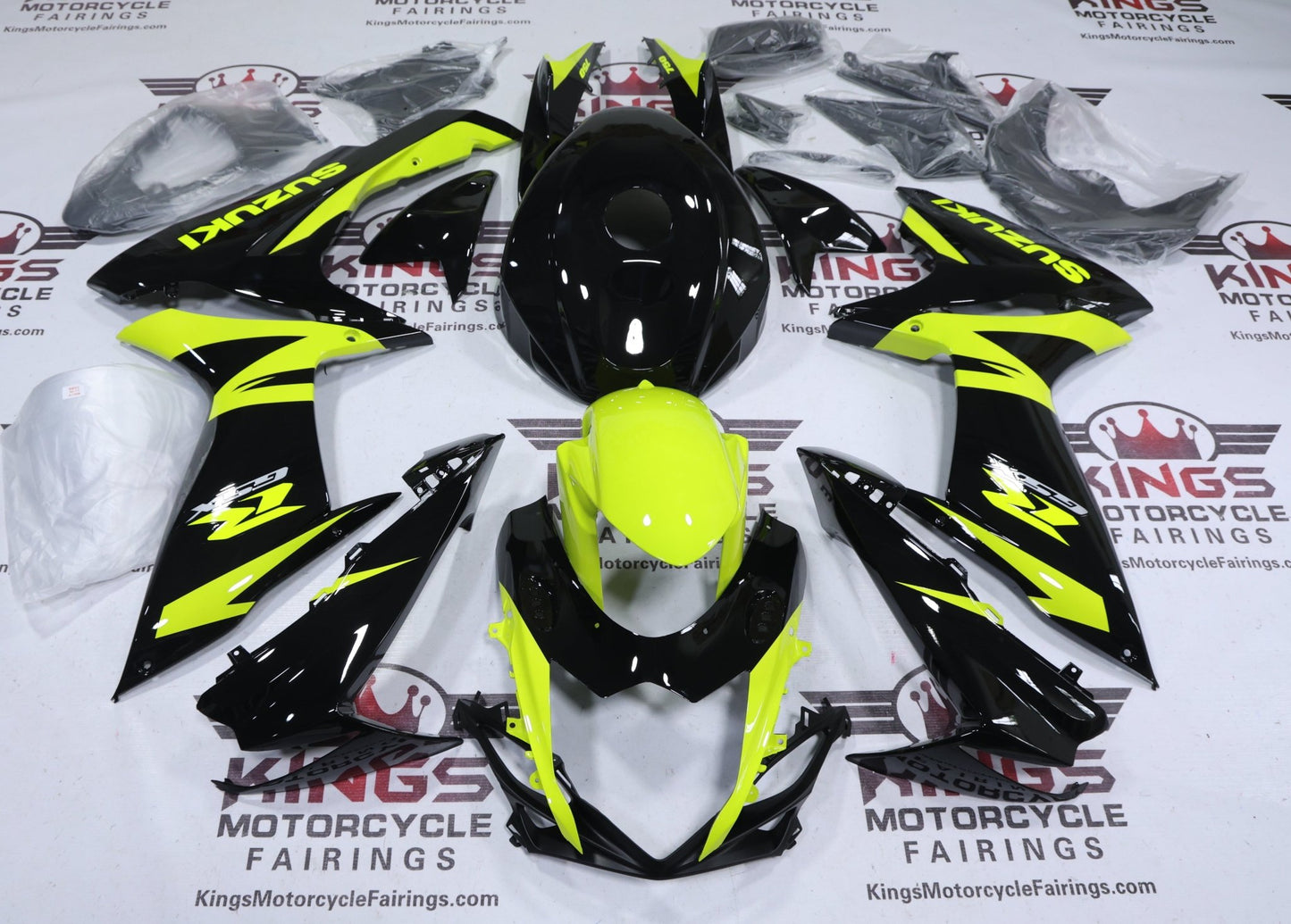 Suzuki GSXR750 Fairings (2011-2024) Black, Neon Yellow from KingsMotorcycleFairings.com
