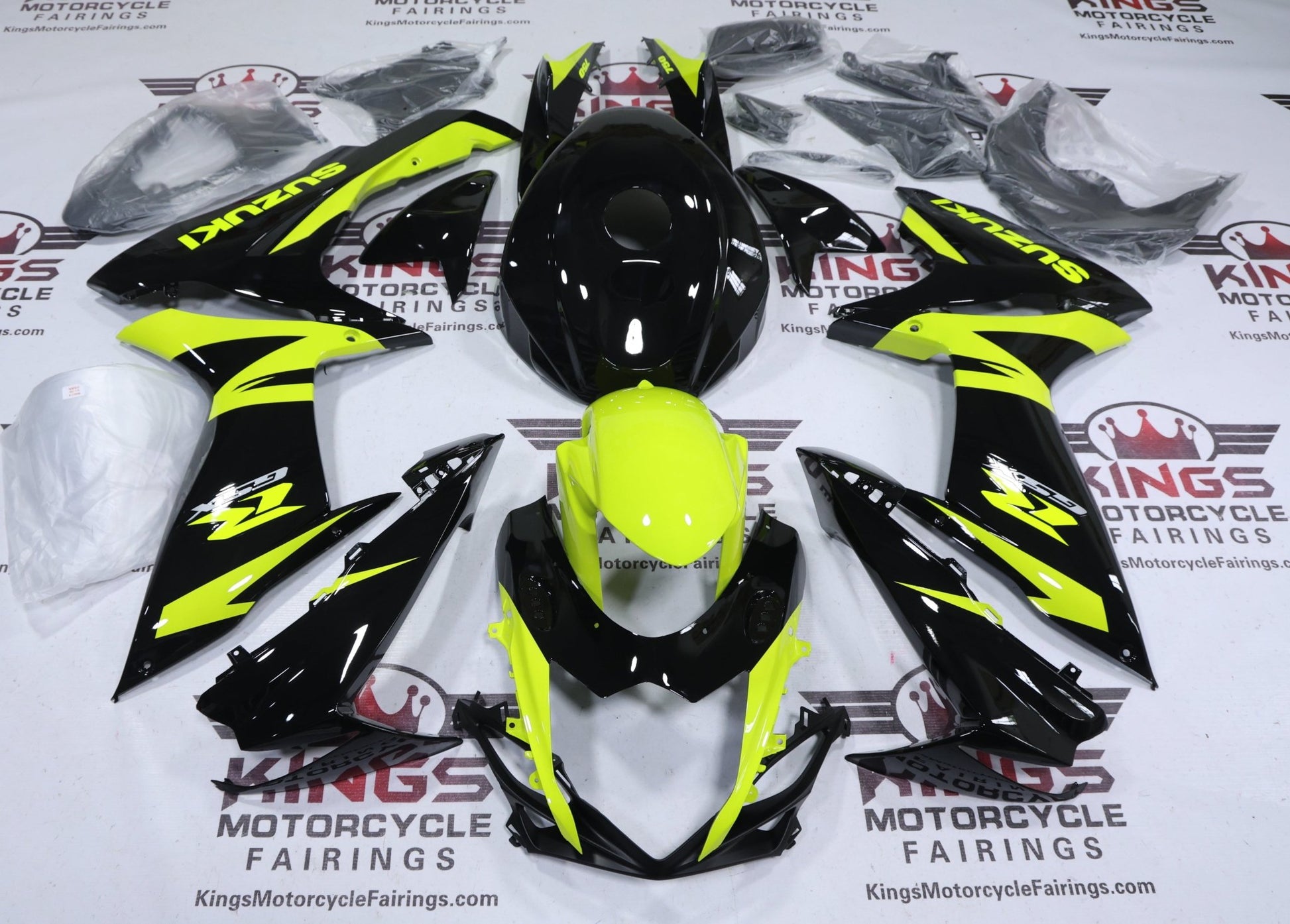 Suzuki GSXR750 Fairings (2011-2024) Black, Neon Yellow from KingsMotorcycleFairings.com