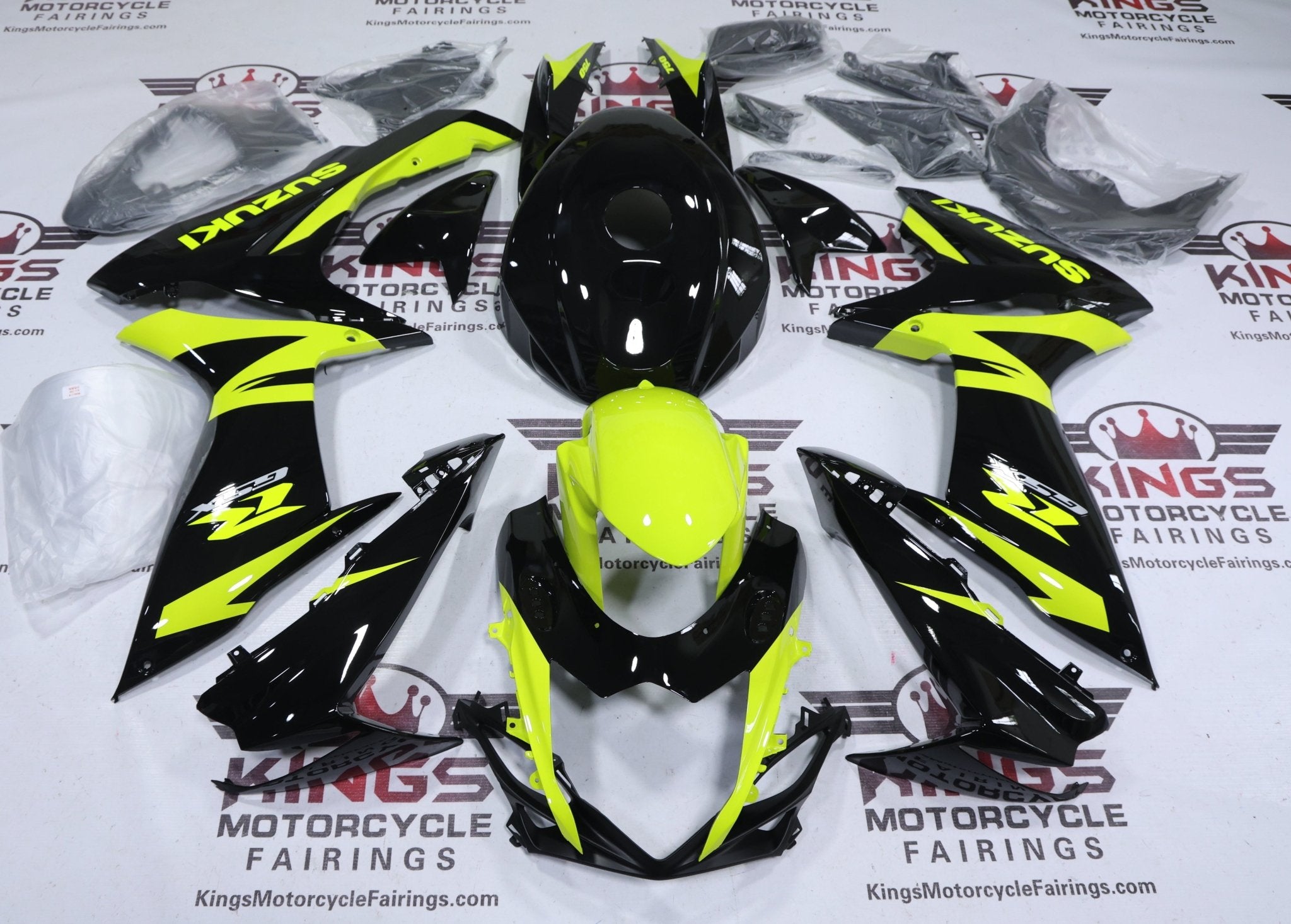 Suzuki GSXR750 Fairings (2011-2024) Black, Neon Yellow from KingsMotorcycleFairings.com