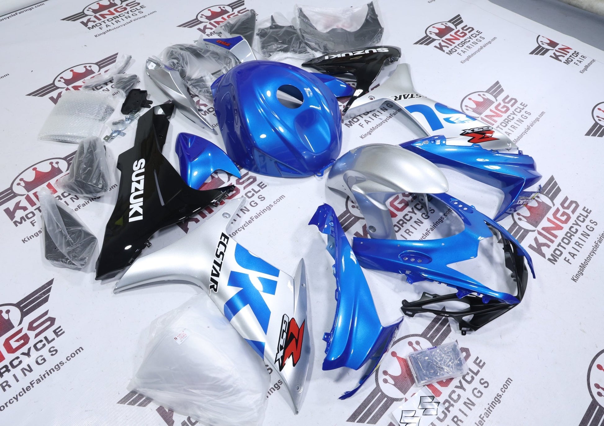 Suzuki GSXR750 Fairings (2011-2024) Blue, Silver Ecstar at KingsMotorcycleFairings.com