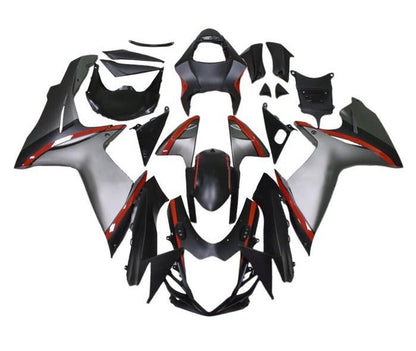 Suzuki GSXR750 Fairings (2011-2024) Matte Black, Silver, Red Stripe at KingsMotorcycleFairings.com