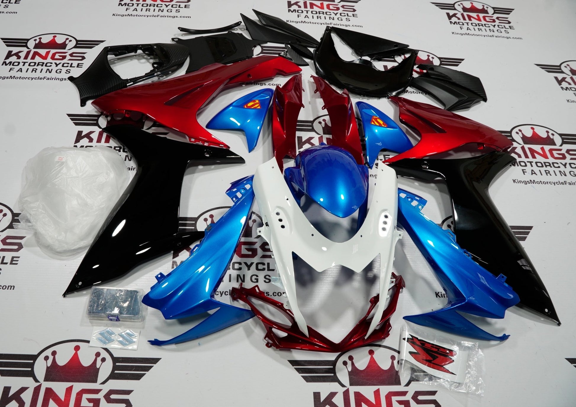 Suzuki GSXR750 Fairings (2025-2026) Blue, Black, White, Red Superman at KingsMotorcycleFairings.com