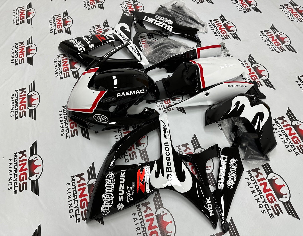 Suzuki GSXR750 Race Track Fairings (2006-2007) Black, White, Red Beacon at KingsMotorcycleFairings.com