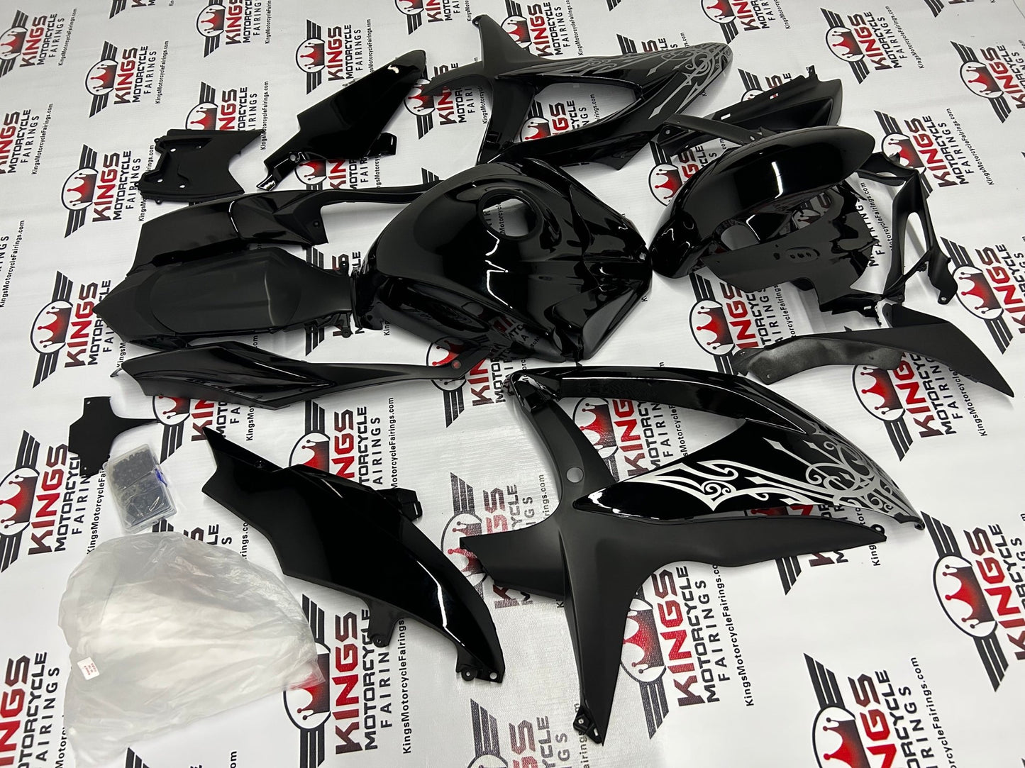 Suzuki GSXR600 (2008-2010) Black, Matte Black & Silver Tribal Fairings at KingsMotorcycleFairings.com