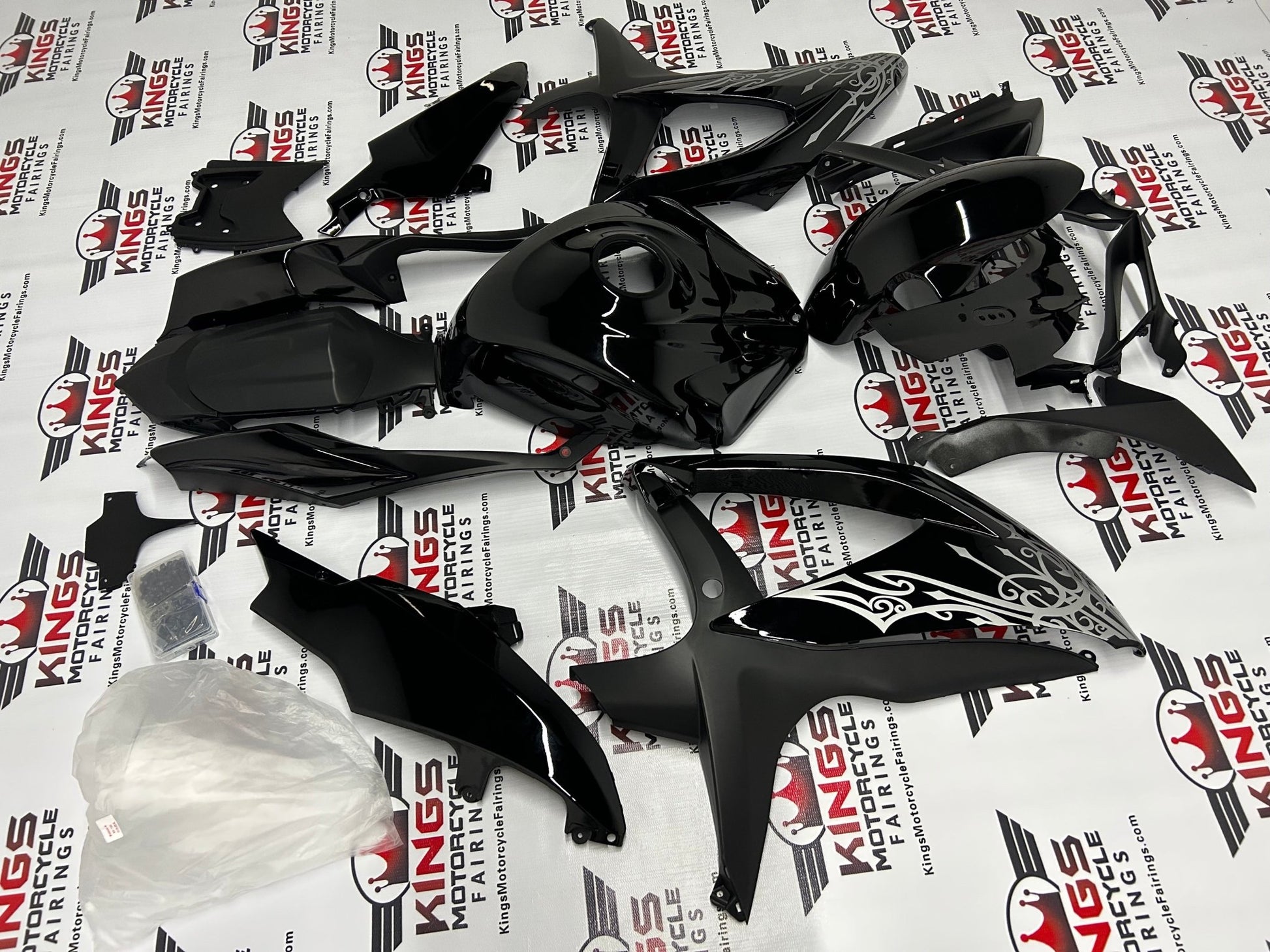 Suzuki GSXR600 (2008-2010) Black, Matte Black & Silver Tribal Fairings at KingsMotorcycleFairings.com
