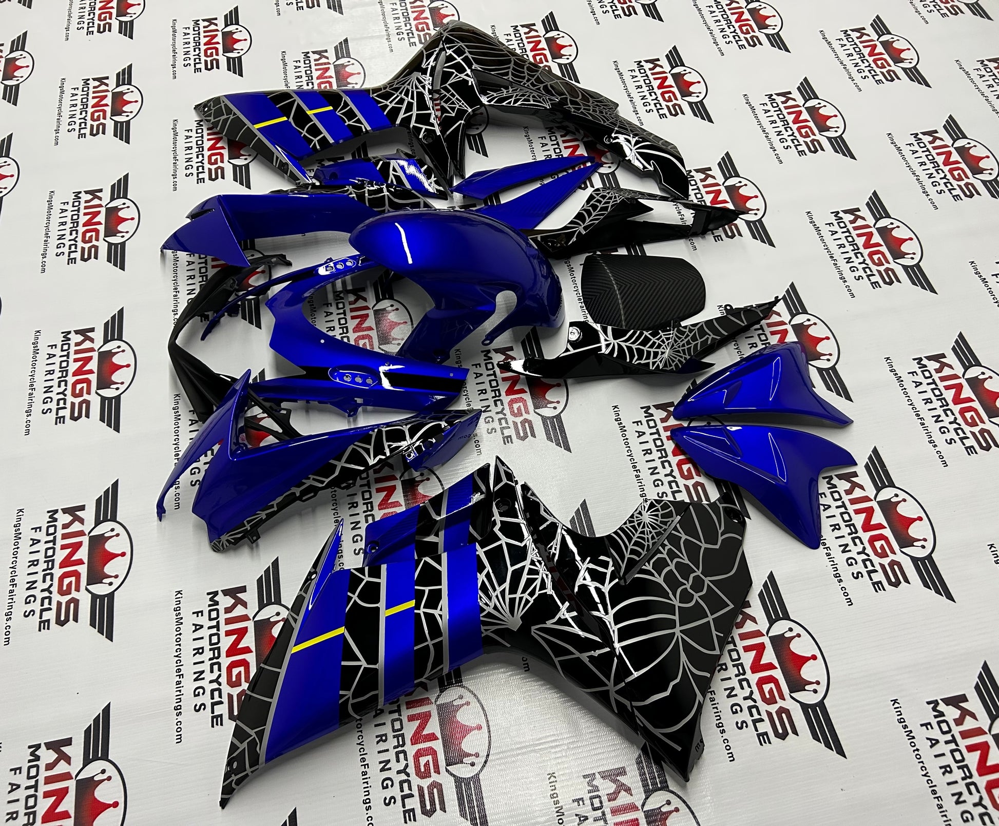 Suzuki GSXR750 (2011-2023) Blue, Black & Silver Spider Web Fairings at KingsMotorcycleFairings.com