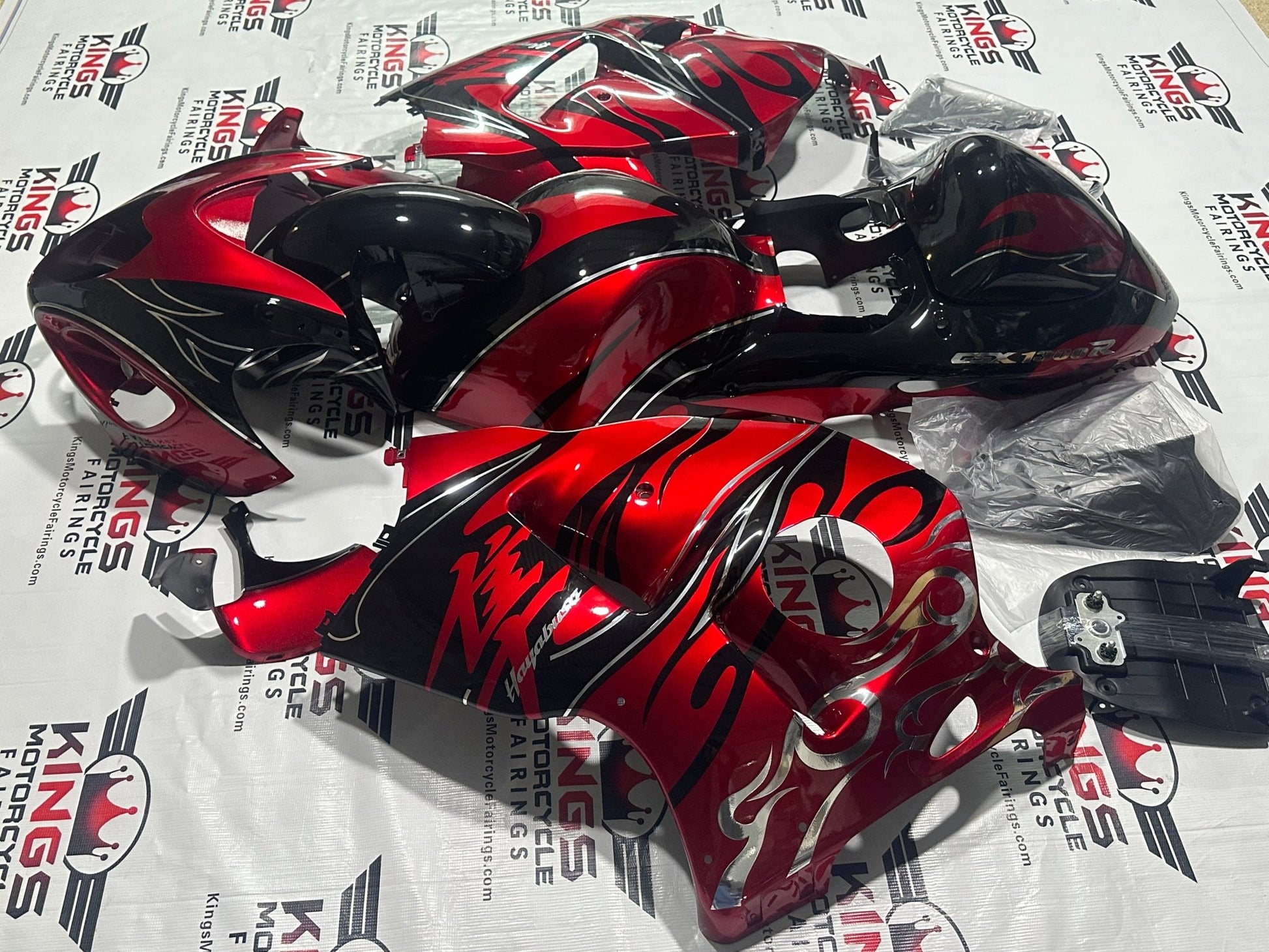 Suzuki Hayabusa Fairing kit (1999-2007) Red, Black, Chrome Tribal Flame at KingsMotorcycleFairings.com