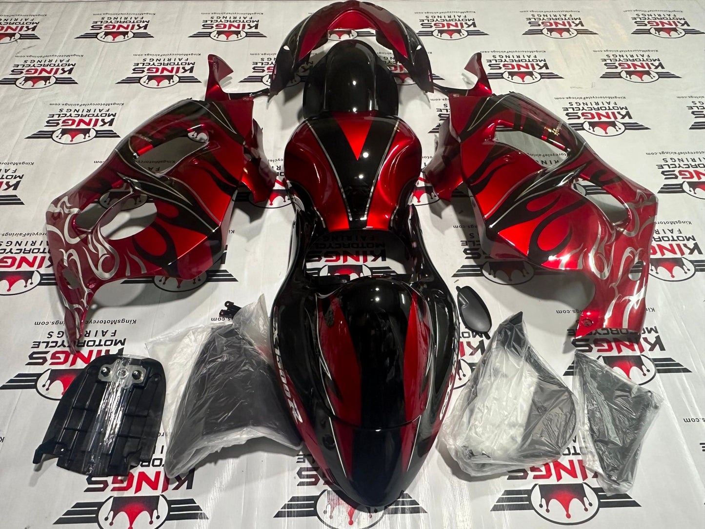 Suzuki Hayabusa Fairings (1999-2007) Red, Black, Chrome Tribal Flames at KingsMotorcycleFairings.com