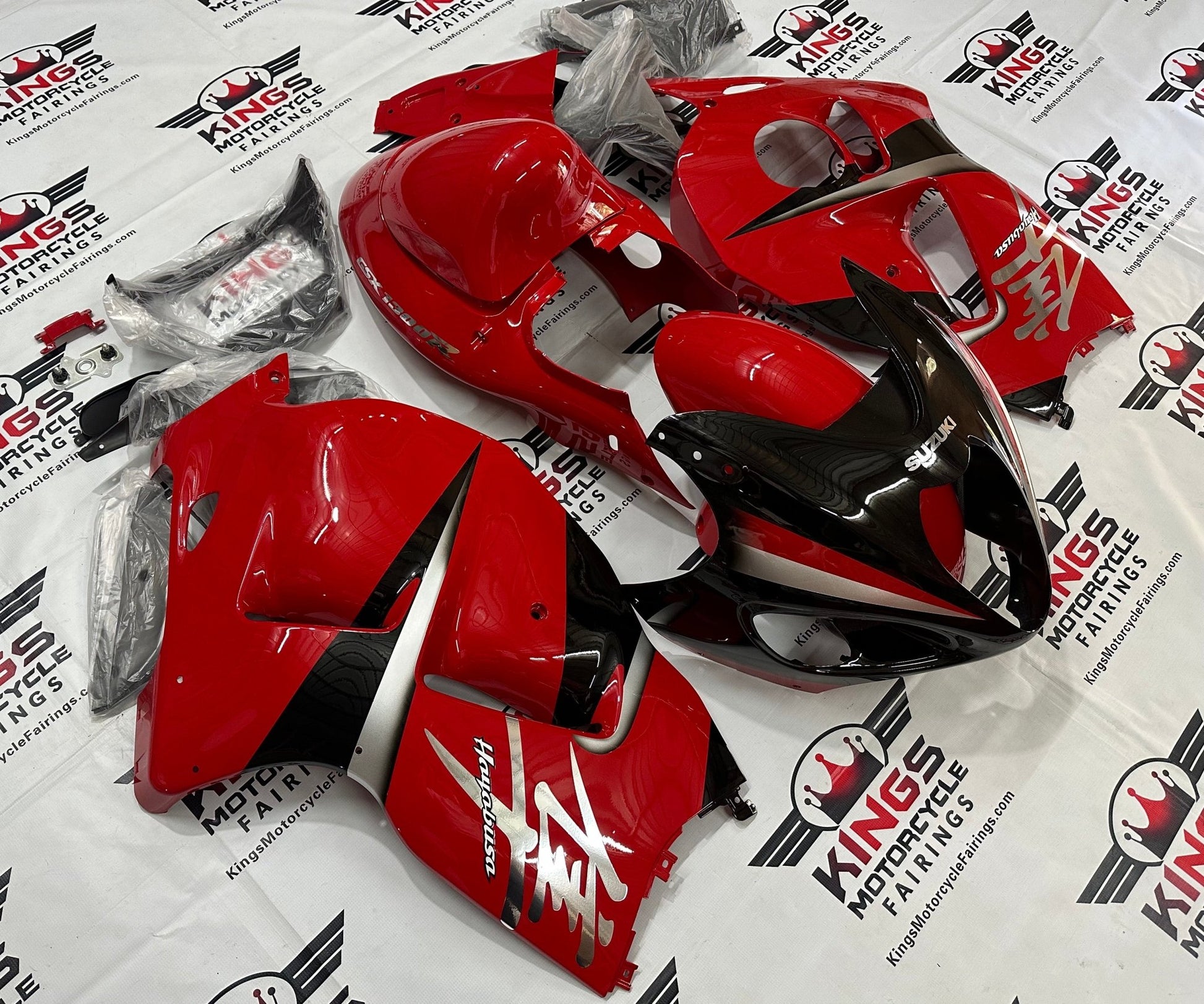 Suzuki Hayabusa Fairings (1999-2007) Red, Black, Chrome at KingsMotorcycleFairings.com