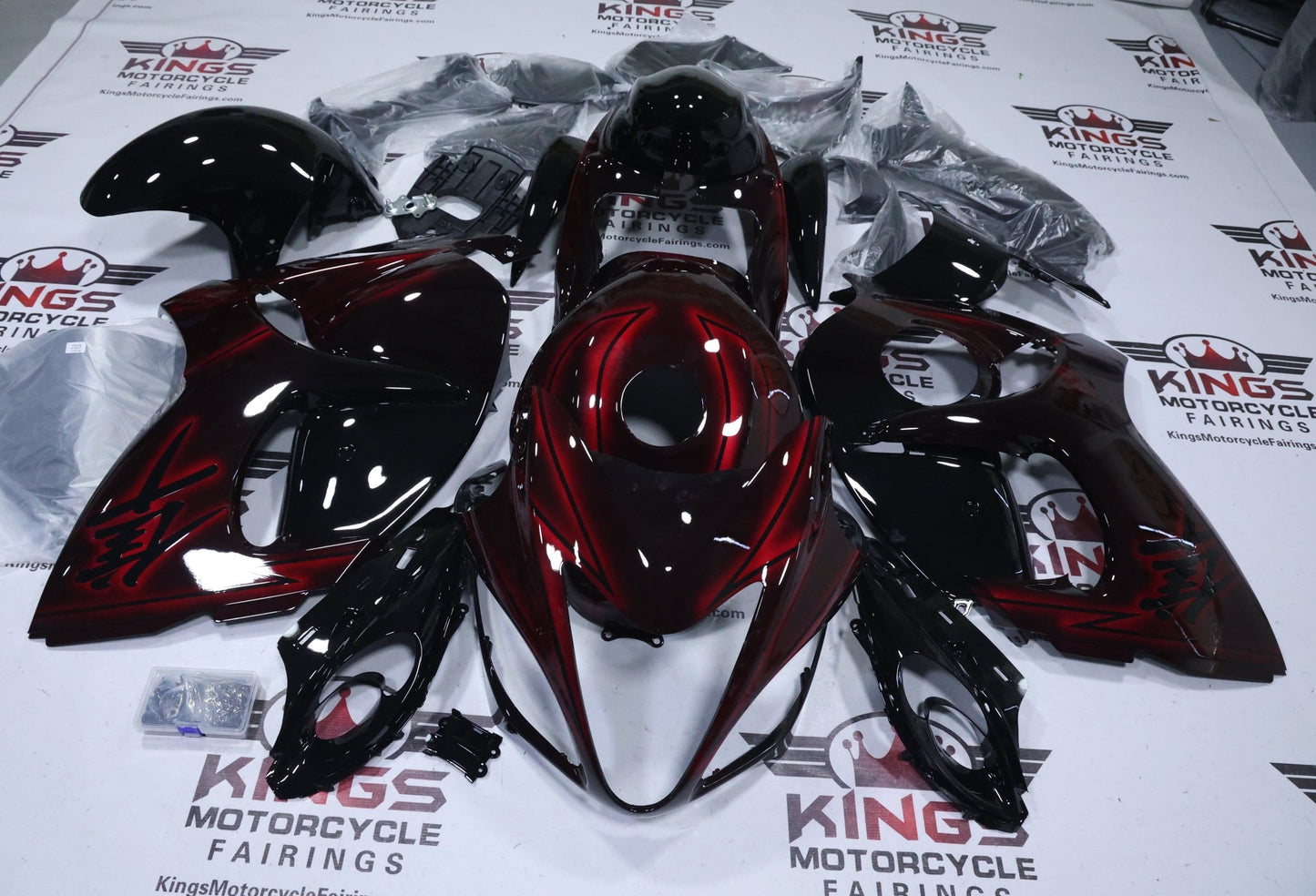 Suzuki Hayabusa Fairings (2008-2020) Black, Red Spray at KingsMotorcycleFairings.com