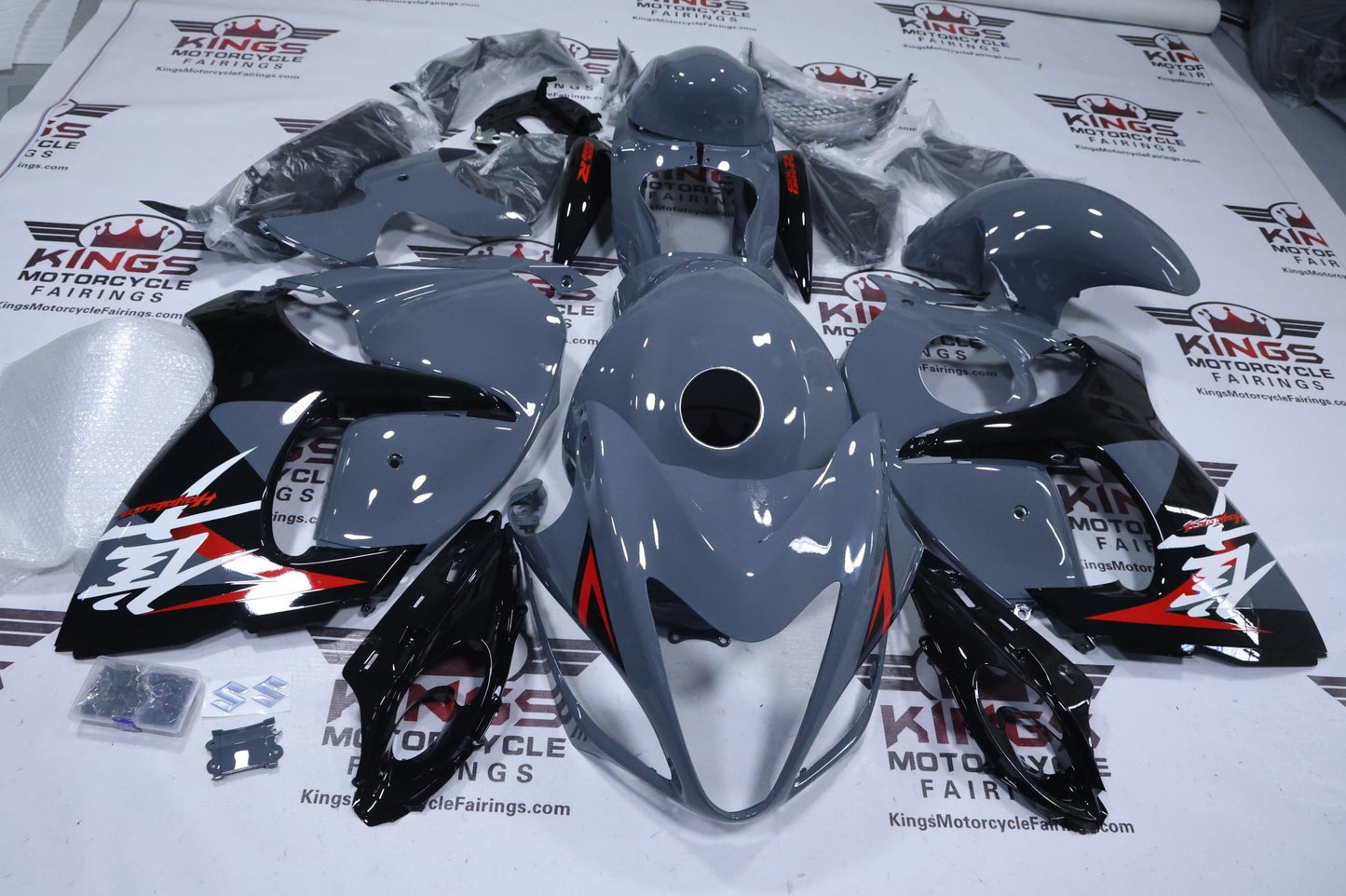 Suzuki Hayabusa Fairings (2008-2020) Nardo Gray, Black, White, Red at KingsMotorcycleFairings.com
