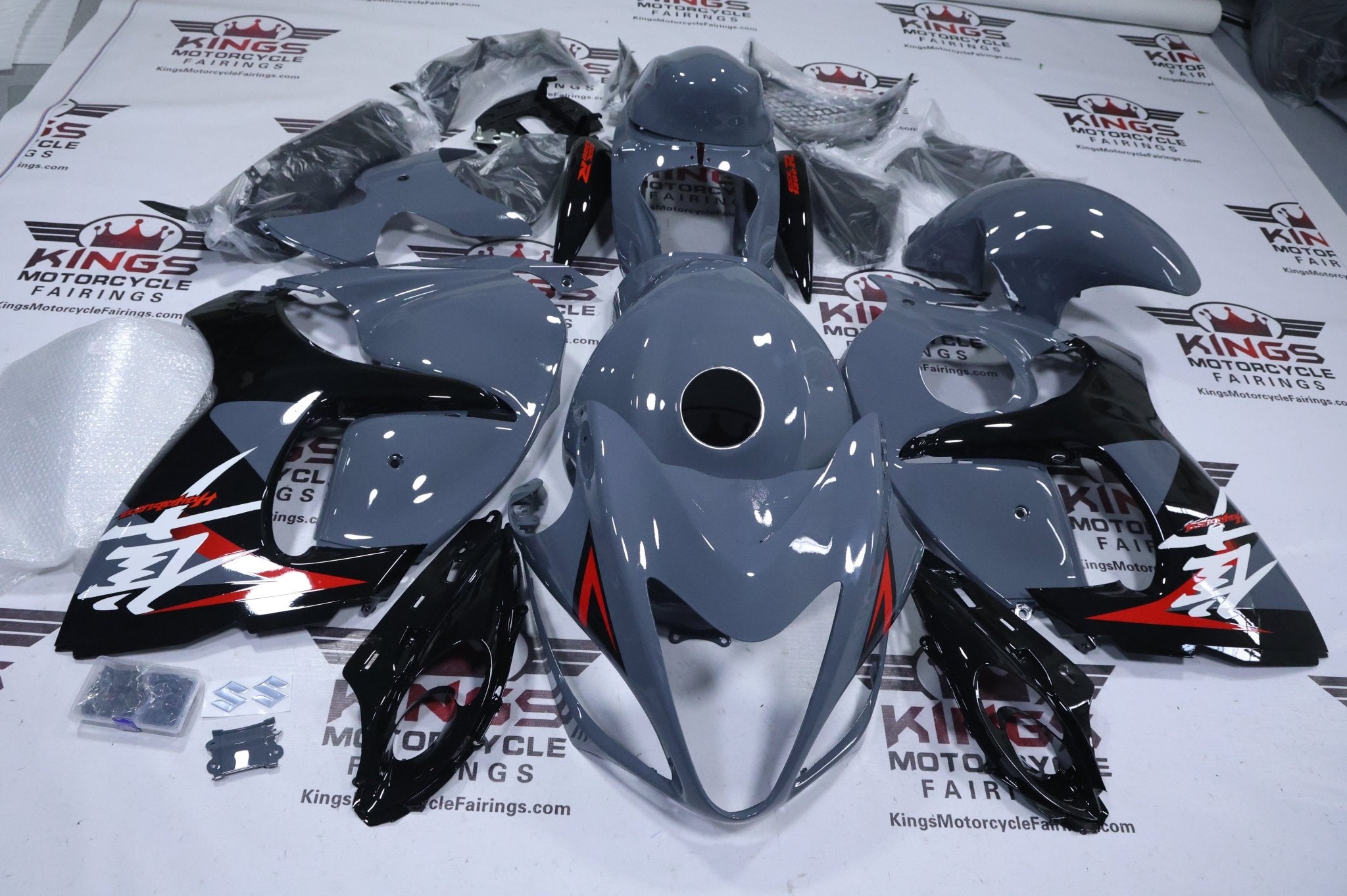 Suzuki Hayabusa Fairings (2008-2020) Nardo Gray, Black, White, Red at KingsMotorcycleFairings.com