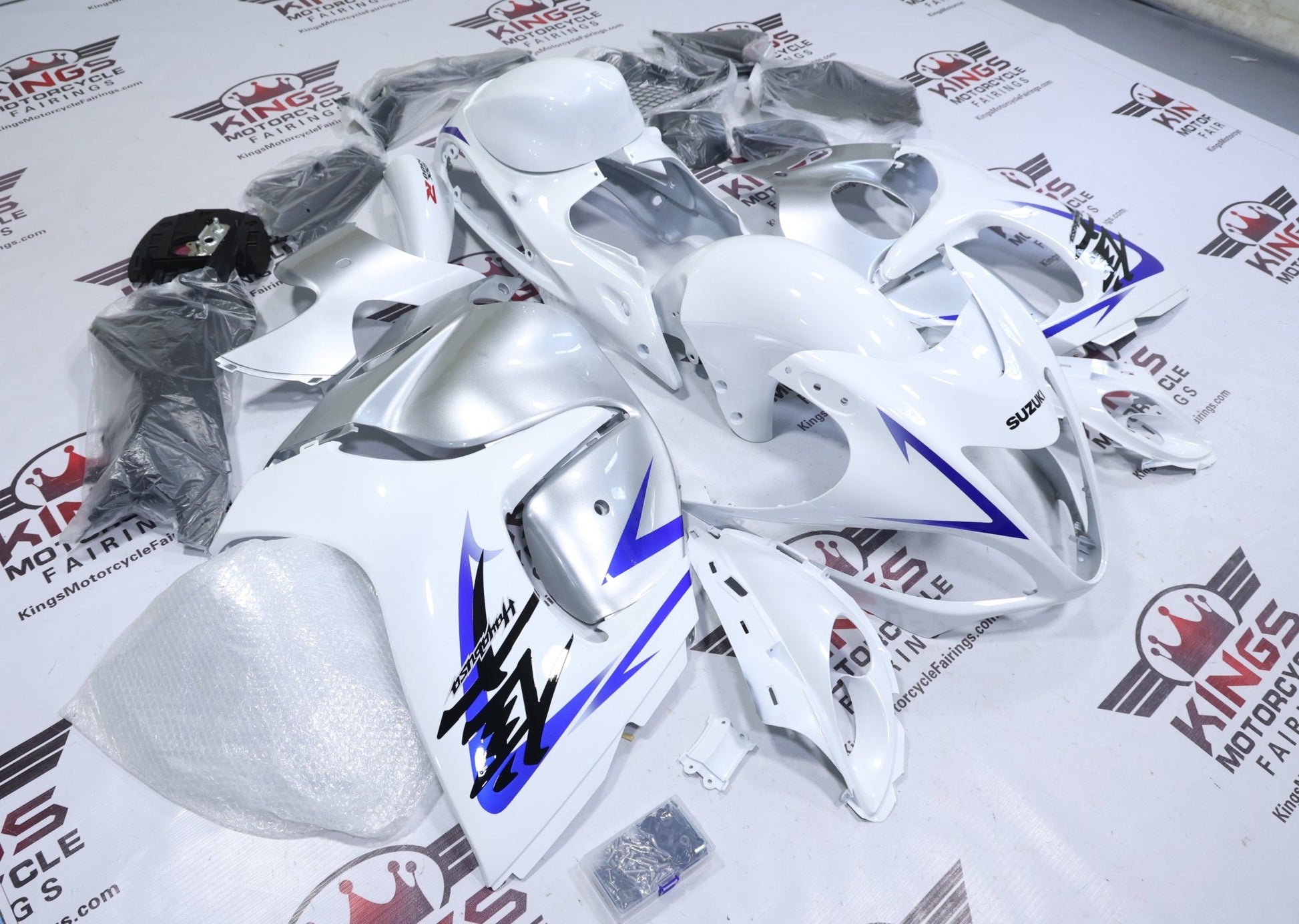 Suzuki Hayabusa Fairings (2008-2020) Pearl White, Silver, Blue at KingsMotorcycleFairings.com